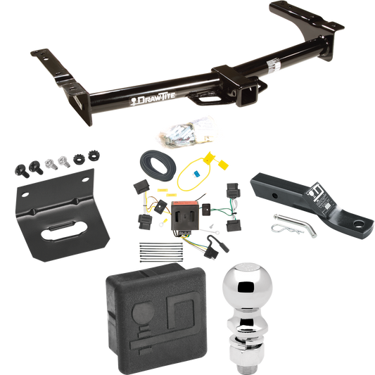 Se adapta al paquete de enganche de remolque Ford E-150 Econoline 2008-2014 con 4 cables planos + soporte de bola con caída de 2" + bola de 2-5/16" + soporte de cableado + cubierta de enganche de Draw-Tite