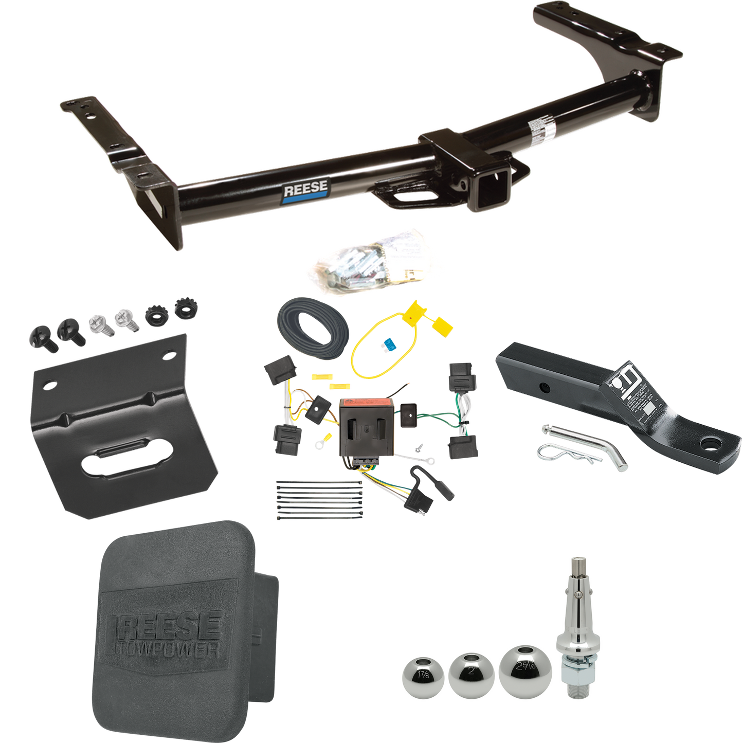 Fits 2009-2012 Ford E-150 Econoline Trailer Hitch Tow PKG w/ 4-Flat Wiring + Ball Mount w/ 2" Drop + Interchangeable Ball 1-7/8" & 2" & 2-5/16" + Wiring Bracket + Hitch Cover (For (Prepped Class II Tow Package) Models) By Reese Towpower