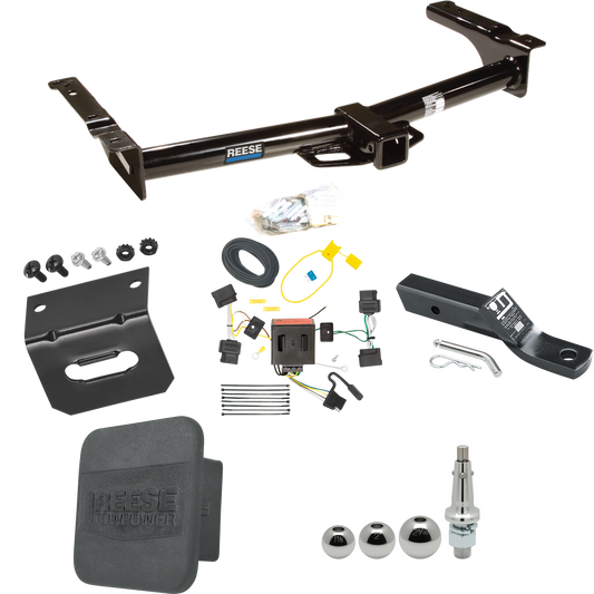 Fits 2009-2012 Ford E-150 Econoline Trailer Hitch Tow PKG w/ 4-Flat Wiring + Ball Mount w/ 2" Drop + Interchangeable Ball 1-7/8" & 2" & 2-5/16" + Wiring Bracket + Hitch Cover (For (Prepped Class II Tow Package) Models) By Reese Towpower