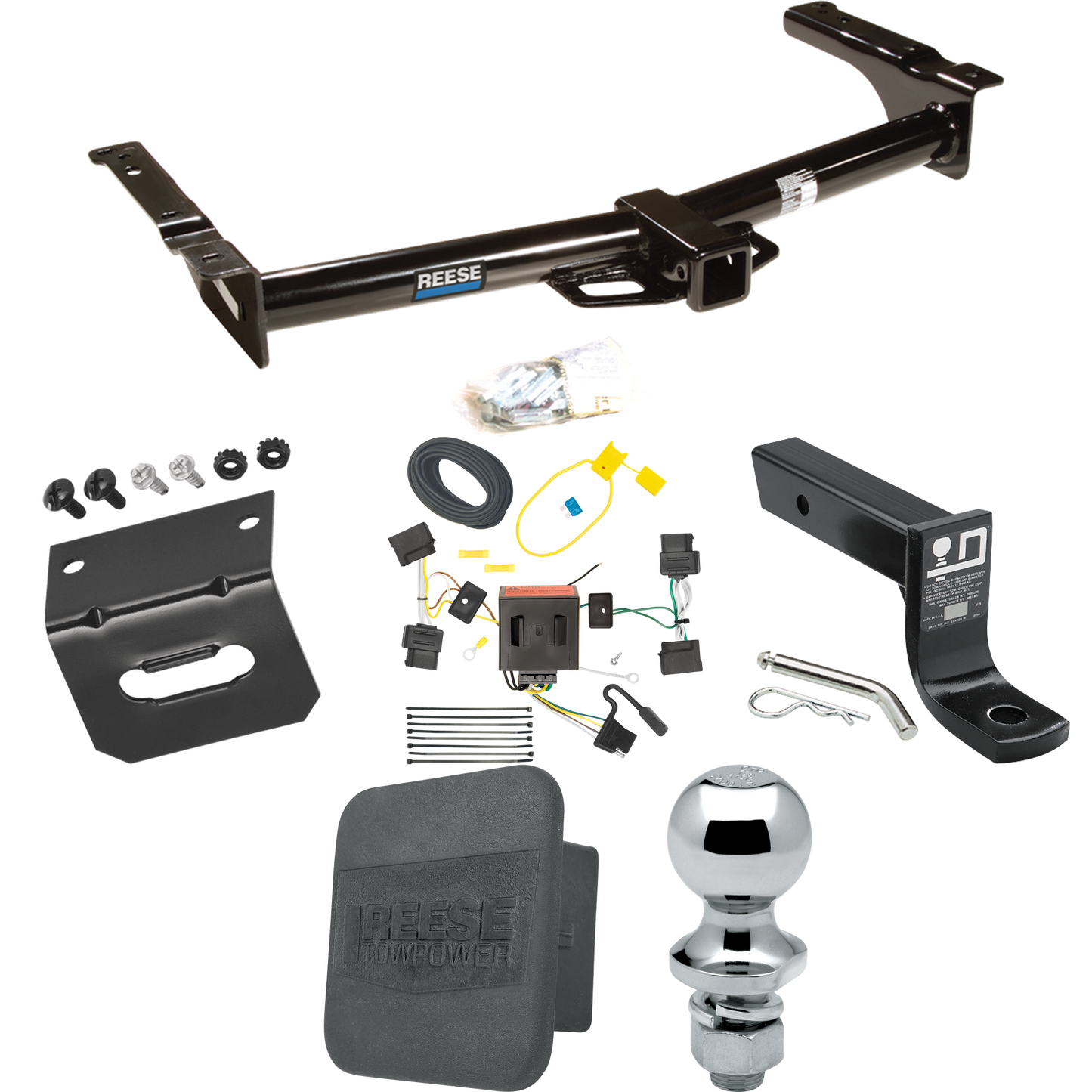 Fits 2009-2012 Ford E-350 Econoline Super Duty Trailer Hitch Tow PKG w/ 4-Flat Wiring + Ball Mount w/ 4" Drop + 1-7/8" Ball + Wiring Bracket + Hitch Cover (For (Prepped Class II Tow Package) Models) By Reese Towpower