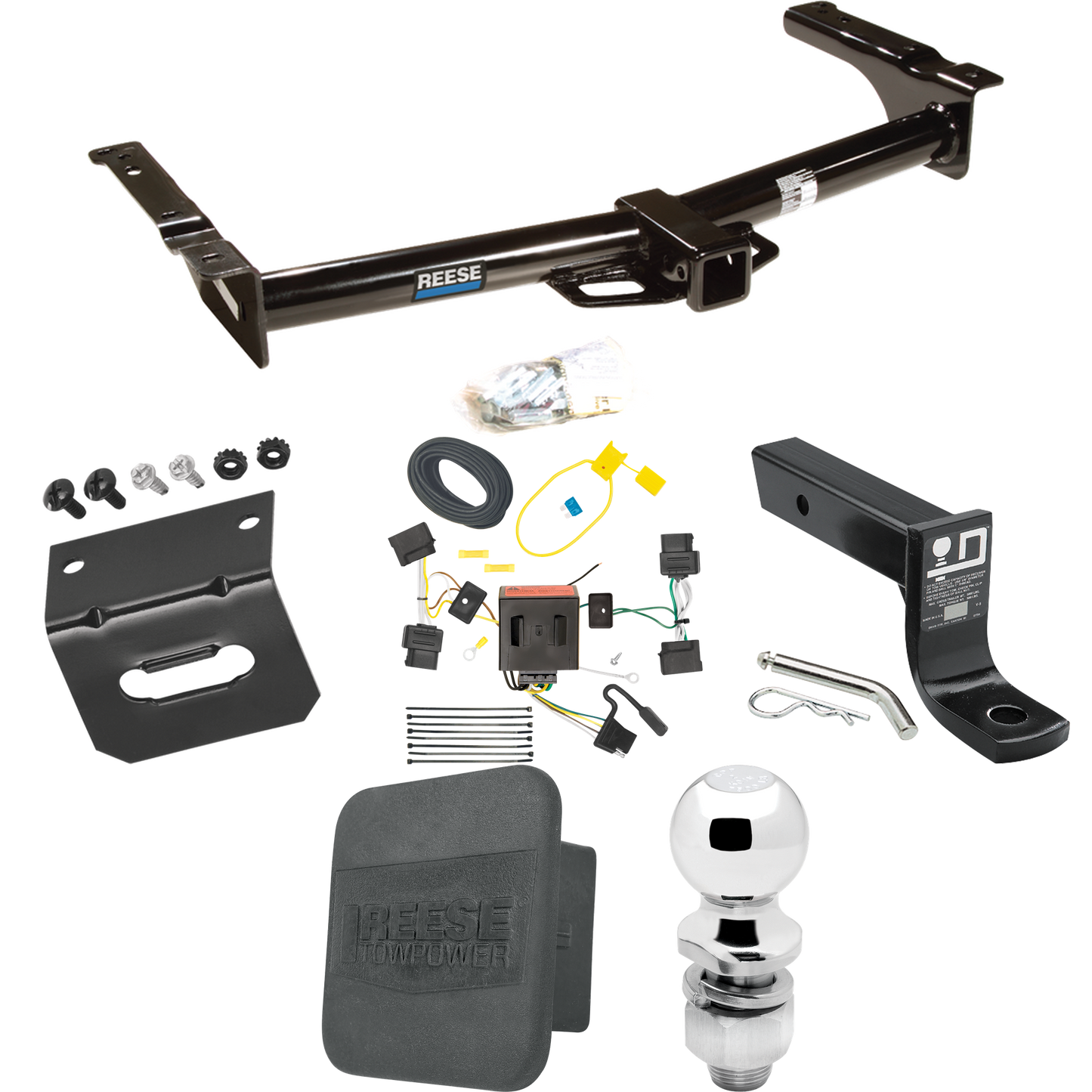 Se adapta al paquete de enganche de remolque Ford E-250 Econoline 2008-2014 con cableado plano de 4 + soporte de bola con caída de 4" + bola de 2" + soporte de cableado + cubierta de enganche de Reese Towpower