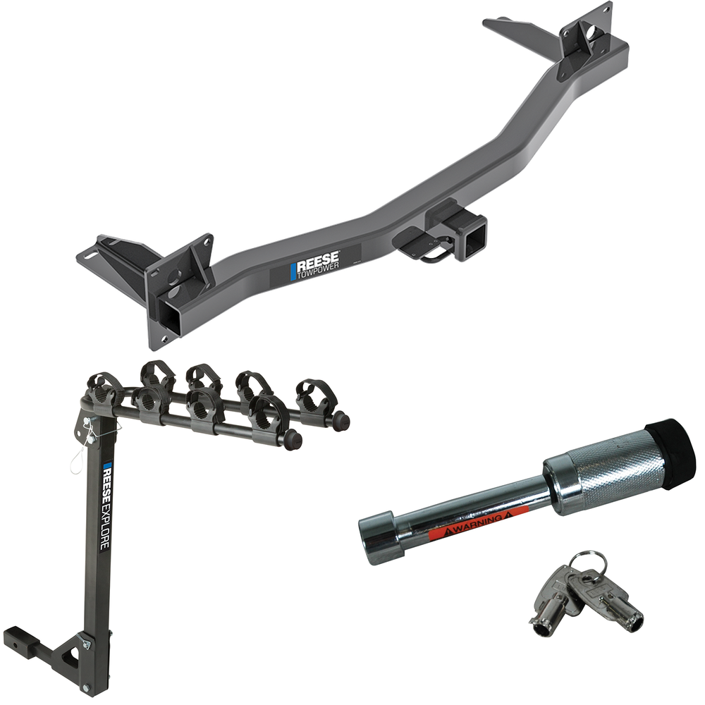 Fits 2018-2023 Chevrolet Traverse Trailer Hitch Tow PKG w/ 4 Bike Carrier Rack + Hitch Lock By Reese Towpower