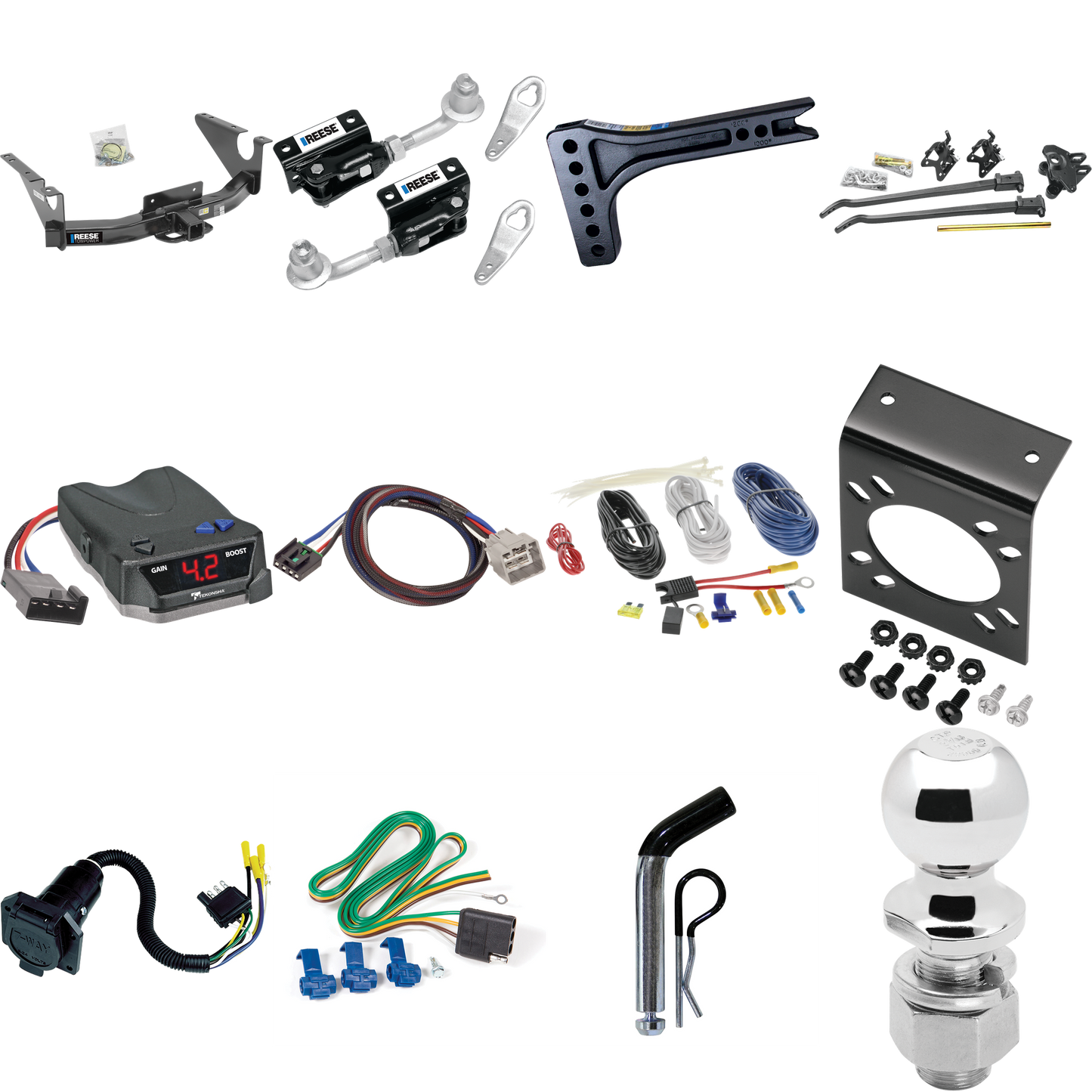 Fits 2011-2012 RAM 1500 Trailer Hitch Tow PKG w/ 15K Trunnion Bar Weight Distribution Hitch + Pin/Clip + Dual Cam Sway Control + 2-5/16" Ball + Tekonsha BRAKE-EVN Brake Control + Plug & Play BC Adapter + 7-Way RV Wiring By Reese Towpower