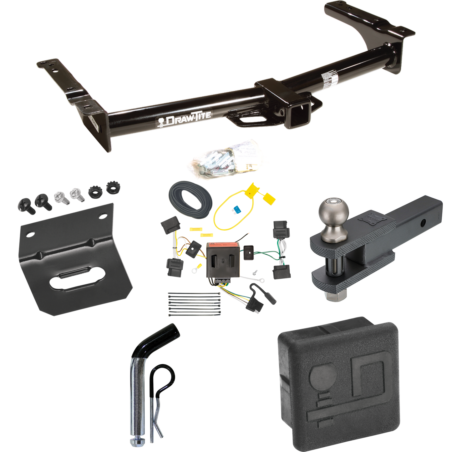 Fits 2008-2014 Ford E-350 Econoline Super Duty Trailer Hitch Tow PKG w/ 4-Flat Wiring + Clevis Hitch Ball Mount w/ 2" Ball + Pin/Clip + Wiring Bracket + Hitch Cover By Draw-Tite