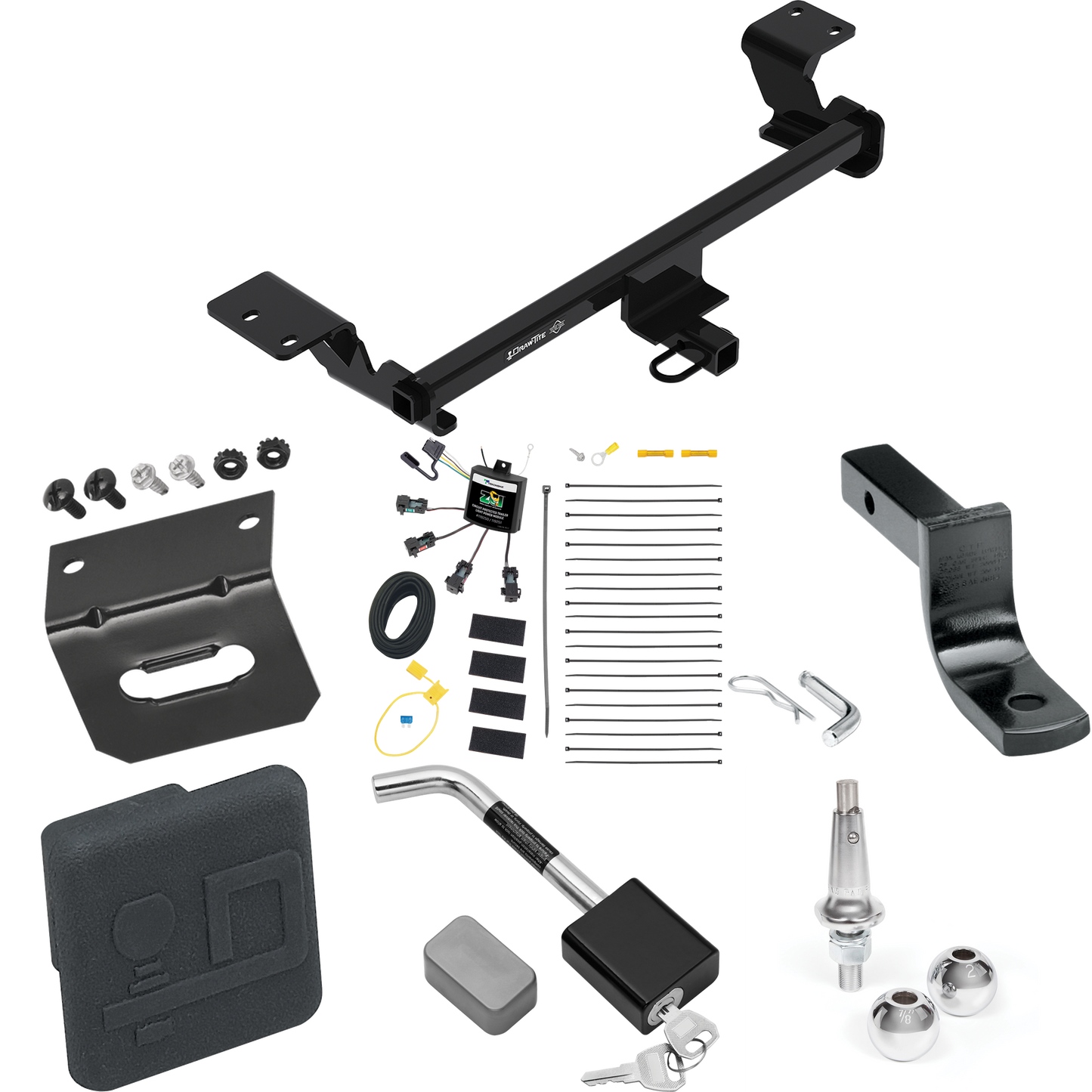 Fits 2020-2022 Toyota Prius Trailer Hitch Tow PKG w/ 4-Flat Zero Contact "No Splice" Wiring Harness + Draw-Bar + Interchangeable 1-7/8" & 2" Balls + Wiring Bracket + Hitch Cover + Hitch Lock (Excludes: w/Plug-In Model Models) By Draw-Tite