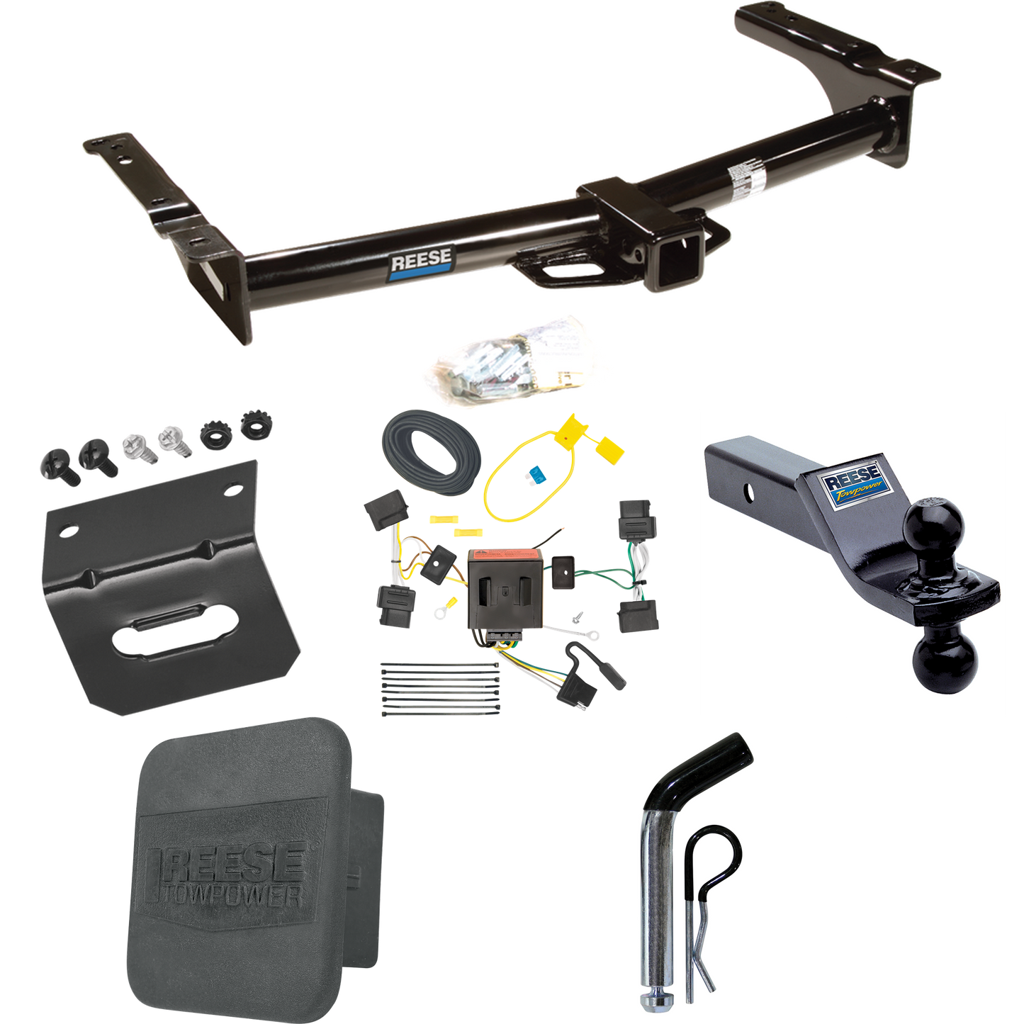 Fits 2008-2014 Ford E-350 Econoline Super Duty Trailer Hitch Tow PKG w/ 4-Flat Wiring + Dual Ball Ball Mount 1-7/8" & 2" Trailer Balls + Pin/Clip + Wiring Bracket + Hitch Cover By Reese Towpower