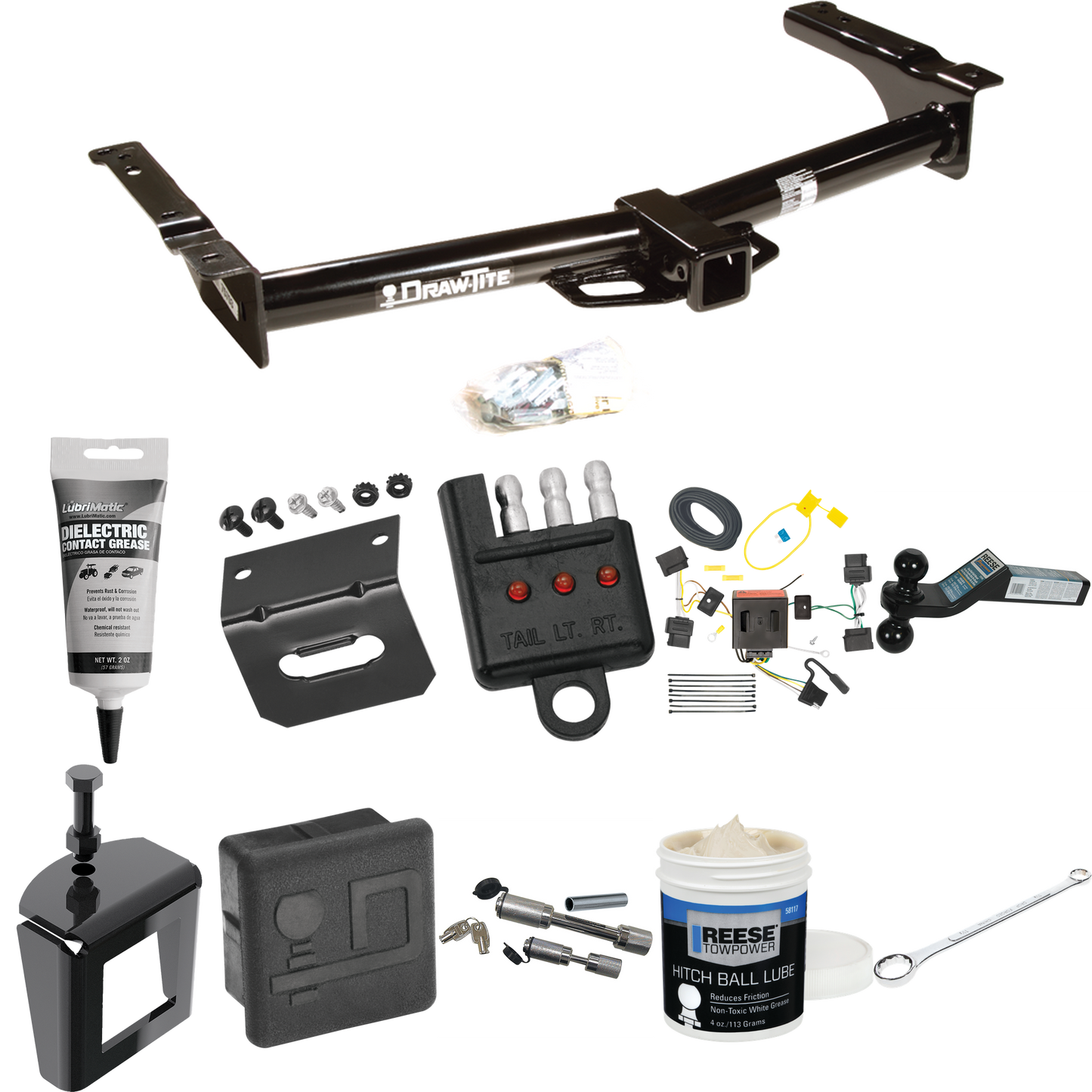 Fits 2008-2014 Ford E-250 Econoline Trailer Hitch Tow PKG w/ 4-Flat Wiring + Dual Ball Ball Mount 2" & 2-5/16" Trailer Balls + Wiring Bracket + Hitch Cover + Dual Hitch & Coupler Locks + Wiring Tester + Ball Lube + Electric Grease + Ball Wrench + Ant