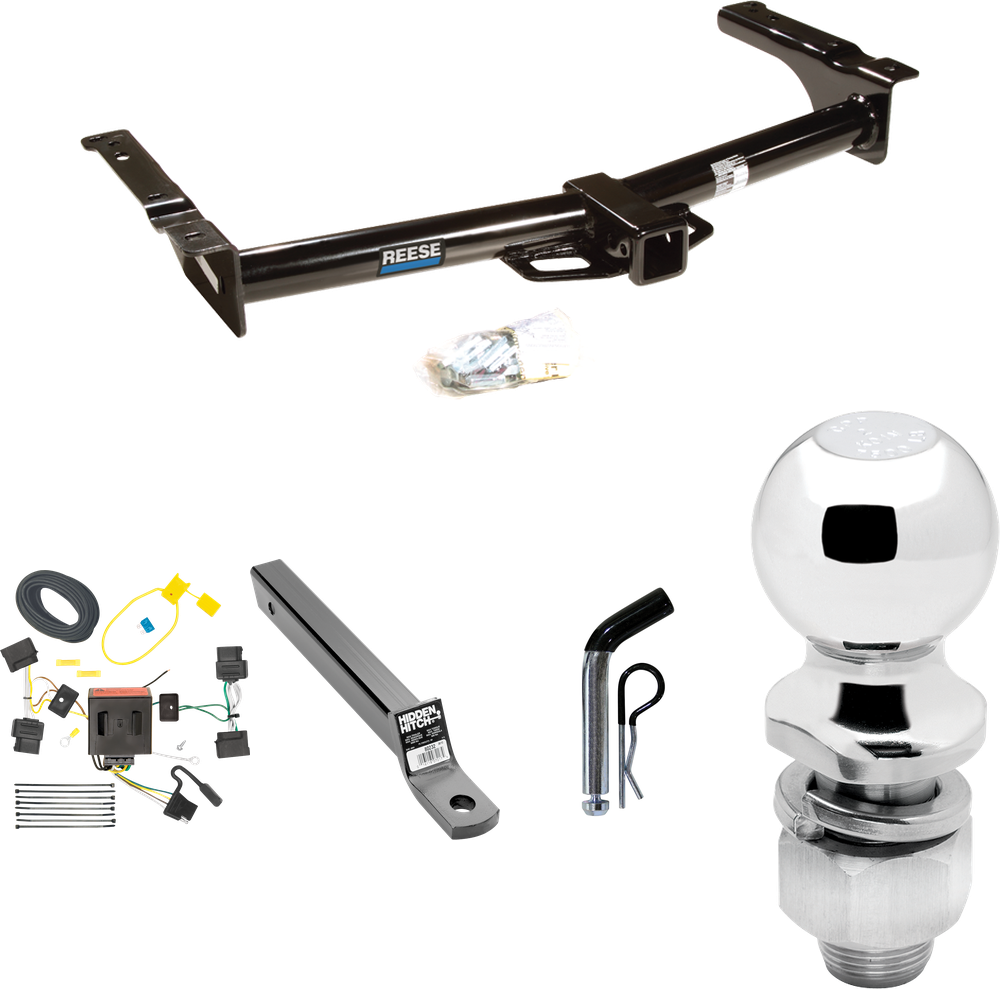 Fits 2009-2012 Ford E-150 Econoline Trailer Hitch Tow PKG w/ 4-Flat Wiring + Extended 16" Long Ball Mount w/ 2" Drop + Pin/Clip + 2" Ball (For (Prepped Class II Tow Package) Models) By Reese Towpower