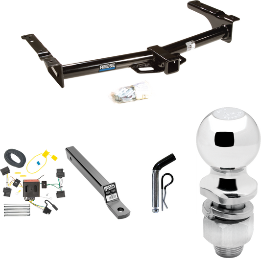 Fits 2009-2012 Ford E-150 Econoline Trailer Hitch Tow PKG w/ 4-Flat Wiring + Extended 16" Long Ball Mount w/ 2" Drop + Pin/Clip + 2" Ball (For (Prepped Class II Tow Package) Models) By Reese Towpower