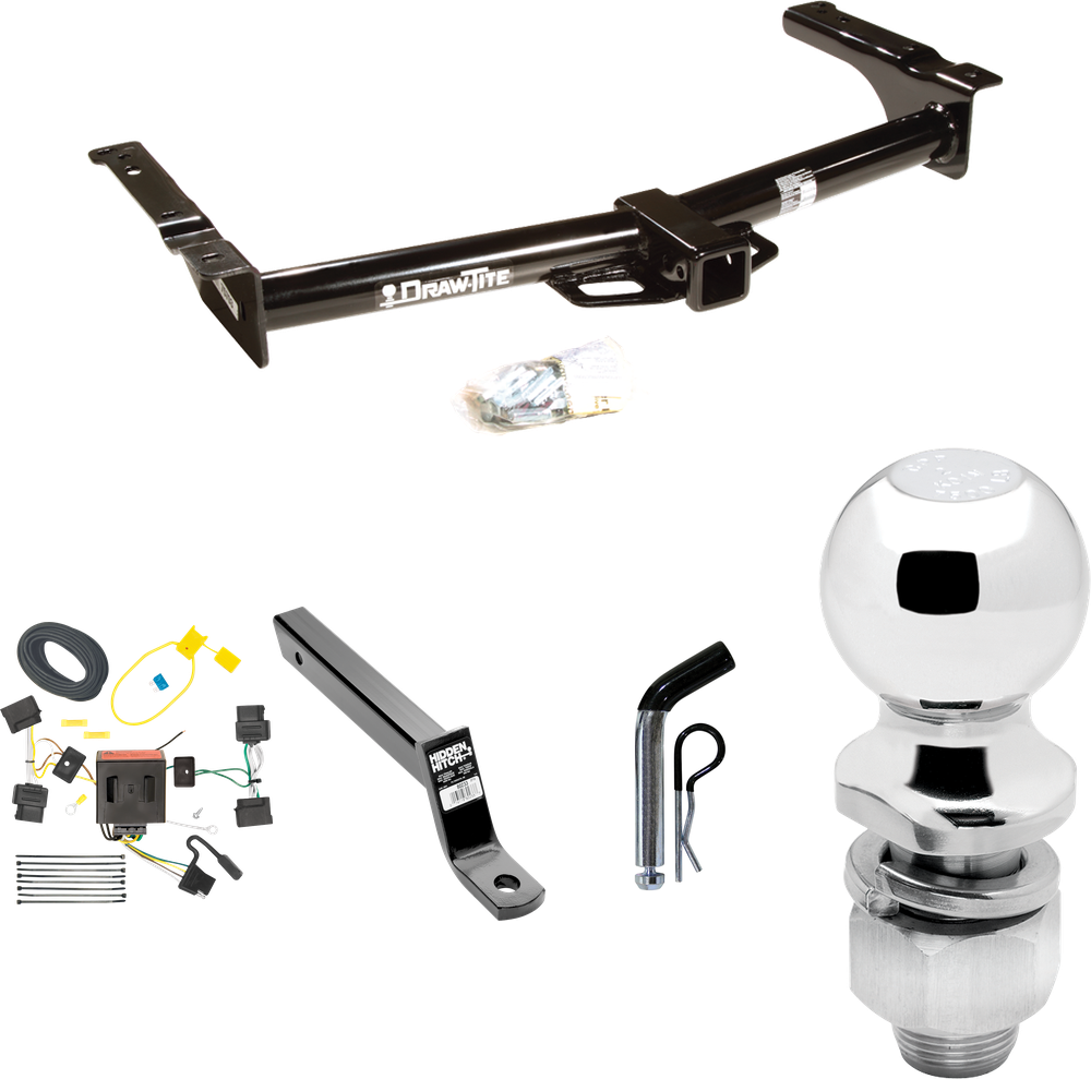 Fits 2009-2012 Ford E-250 Econoline Trailer Hitch Tow PKG w/ 4-Flat Wiring + Extended 16" Long Ball Mount w/ 4" Drop + Pin/Clip + 2" Ball (For (Prepped Class II Tow Package) Models) By Draw-Tite