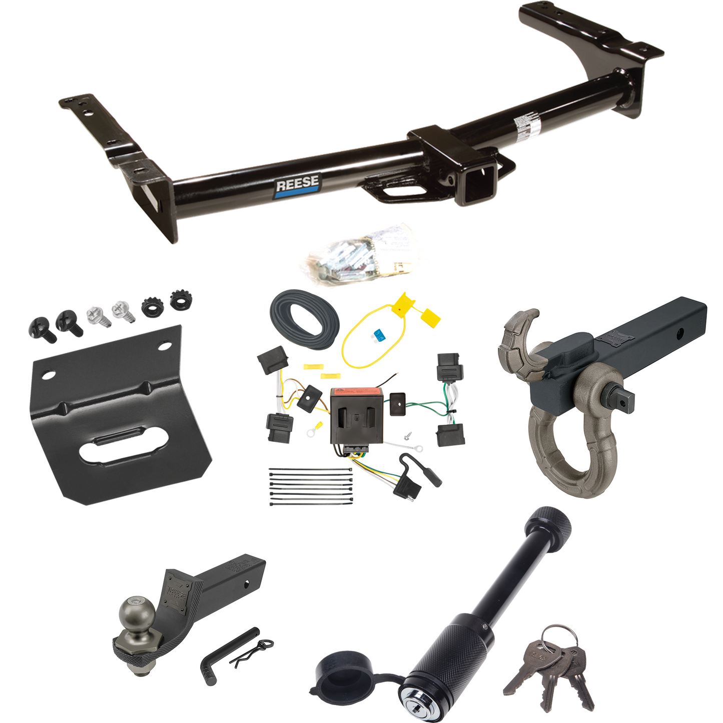 Fits 2009-2012 Ford E-250 Econoline Trailer Hitch Tow PKG w/ 4-Flat Wiring + Interlock Tactical Starter Kit w/ 2" Drop & 2" Ball + Tactical Hook & Shackle Mount + Tactical Dogbone Lock + Wiring Bracket (For (Prepped Class II Tow Package) Models) By R