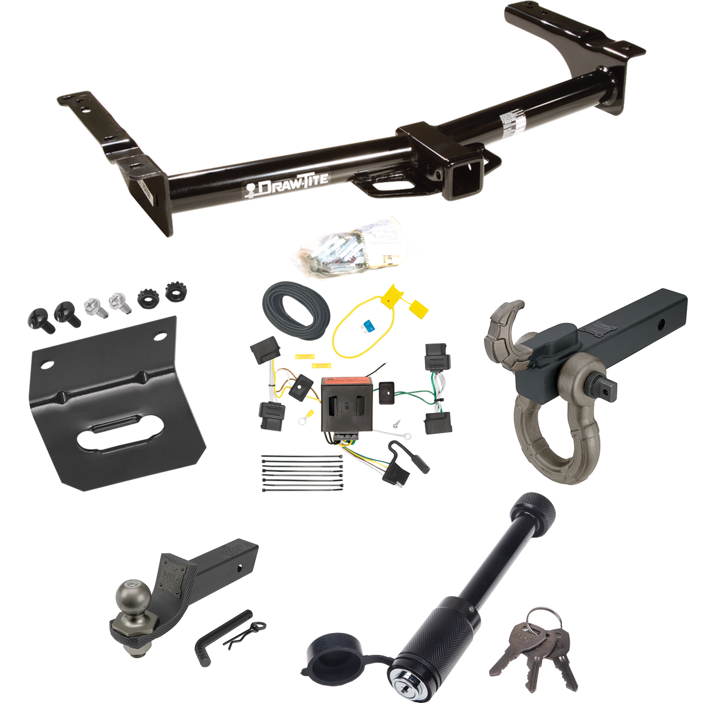 Fits 2008-2014 Ford E-250 Econoline Trailer Hitch Tow PKG w/ 4-Flat Wiring + Interlock Tactical Starter Kit w/ 2" Drop & 2" Ball + Tactical Hook & Shackle Mount + Tactical Dogbone Lock + Wiring Bracket By Draw-Tite