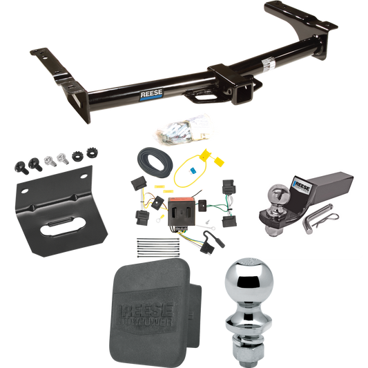 Fits 2008-2014 Ford E-250 Econoline Trailer Hitch Tow PKG w/ 4-Flat Wiring + Starter Kit Ball Mount w/ 2" Drop & 2" Ball + 1-7/8" Ball + Wiring Bracket + Hitch Cover By Reese Towpower