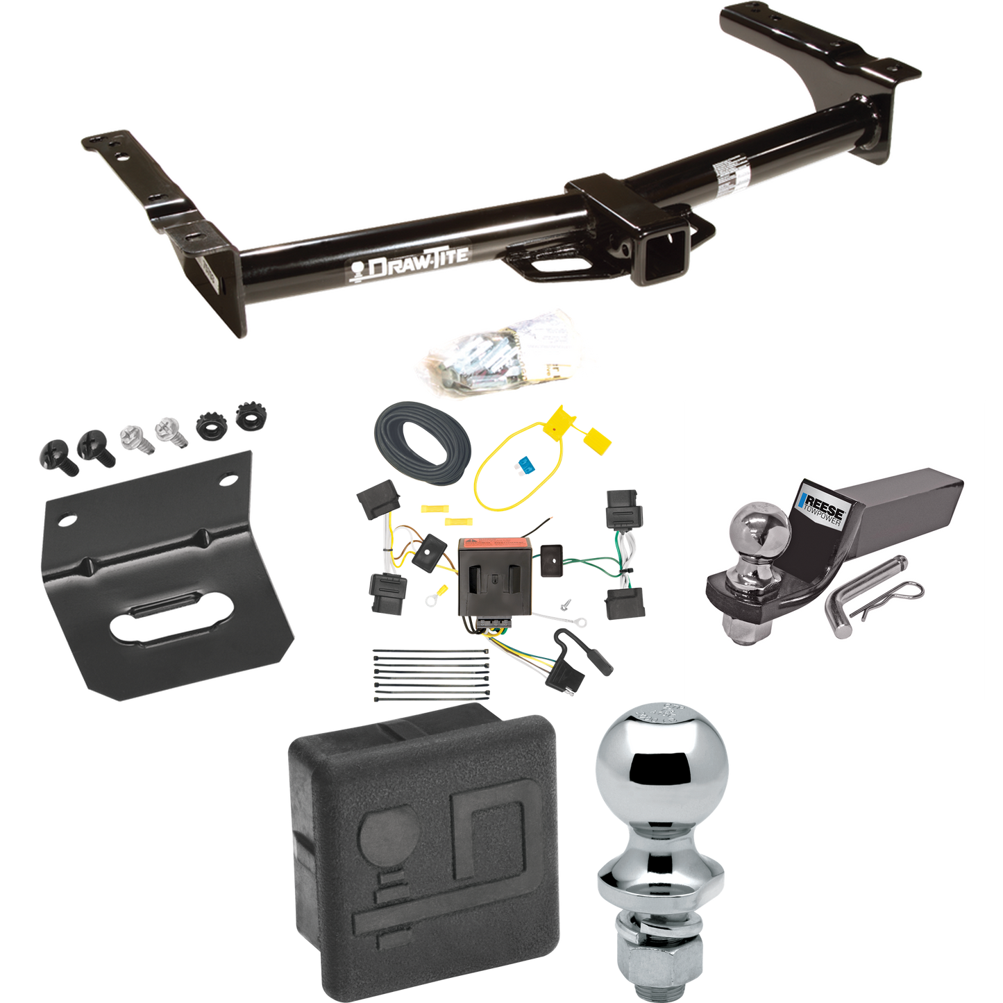 Fits 2008-2014 Ford E-150 Econoline Trailer Hitch Tow PKG w/ 4-Flat Wiring + Starter Kit Ball Mount w/ 2" Drop & 2" Ball + 1-7/8" Ball + Wiring Bracket + Hitch Cover By Draw-Tite