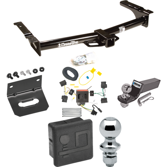 Fits 2008-2014 Ford E-150 Econoline Trailer Hitch Tow PKG w/ 4-Flat Wiring + Starter Kit Ball Mount w/ 2" Drop & 2" Ball + 1-7/8" Ball + Wiring Bracket + Hitch Cover By Draw-Tite