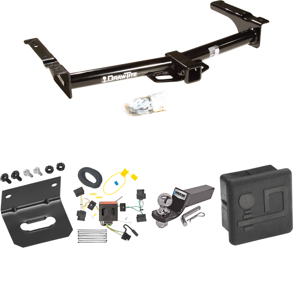 Fits 2009-2012 Ford E-350 Econoline Super Duty Trailer Hitch Tow PKG w/ 4-Flat Wiring + Starter Kit Ball Mount w/ 2" Drop & 2" Ball + Wiring Bracket + Hitch Cover (For (Prepped Class II Tow Package) Models) By Draw-Tite