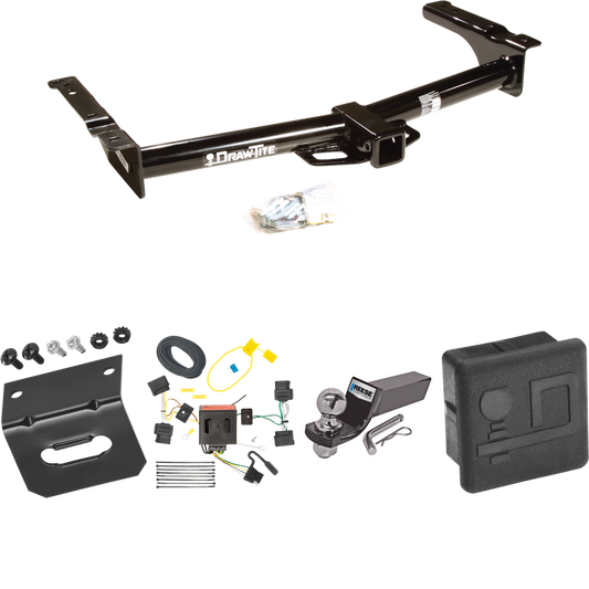 Fits 2009-2012 Ford E-350 Econoline Super Duty Trailer Hitch Tow PKG w/ 4-Flat Wiring + Starter Kit Ball Mount w/ 2" Drop & 2" Ball + Wiring Bracket + Hitch Cover (For (Prepped Class II Tow Package) Models) By Draw-Tite