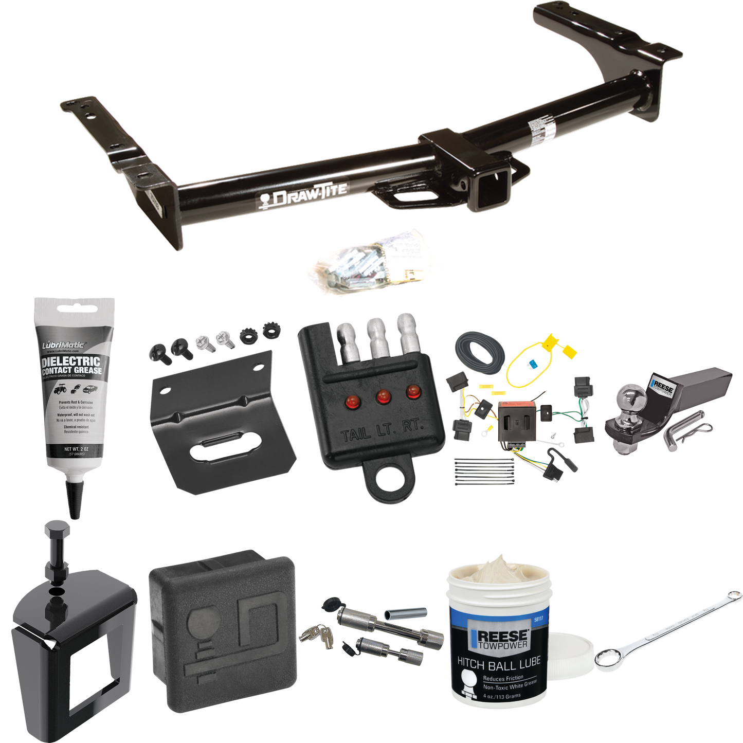 Fits 2008-2014 Ford E-250 Econoline Trailer Hitch Tow PKG w/ 4-Flat Wiring + Starter Kit Ball Mount w/ 2" Drop & 2" Ball + Wiring Bracket + Hitch Cover + Dual Hitch & Coupler Locks + Wiring Tester + Ball Lube + Electric Grease + Ball Wrench + Anti Ra