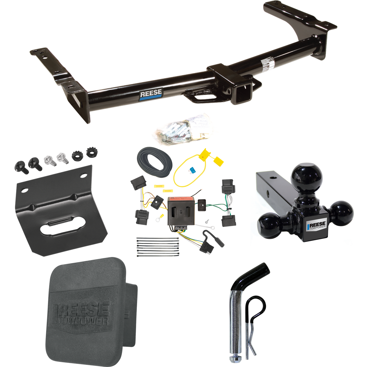 Se adapta al paquete de enganche de remolque Ford E-150 Econoline 2008-2014 con 4 cables planos + soporte de bola triple de bolas de remolque de 1-7/8" y 2" y 2-5/16" + pasador/clip + soporte de cableado + Cubierta de enganche de Reese Towpower