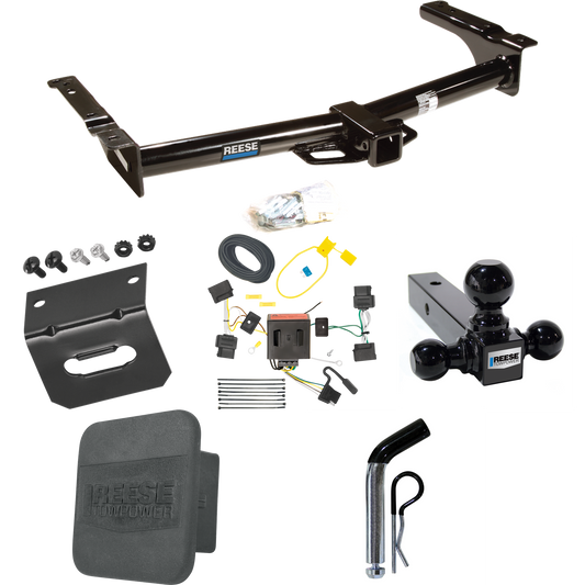 Se adapta al paquete de enganche de remolque Ford E-150 Econoline 2008-2014 con 4 cables planos + soporte de bola triple de bolas de remolque de 1-7/8" y 2" y 2-5/16" + pasador/clip + soporte de cableado + Cubierta de enganche de Reese Towpower