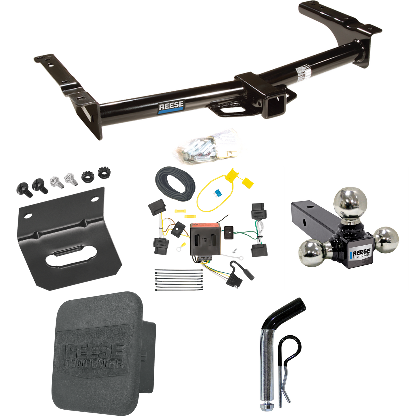 Fits 2009-2012 Ford E-250 Econoline Trailer Hitch Tow PKG w/ 4-Flat Wiring + Triple Ball Ball Mount 1-7/8" & 2" & 2-5/16" Trailer Balls + Pin/Clip + Wiring Bracket + Hitch Cover (For (Prepped Class II Tow Package) Models) By Reese Towpower