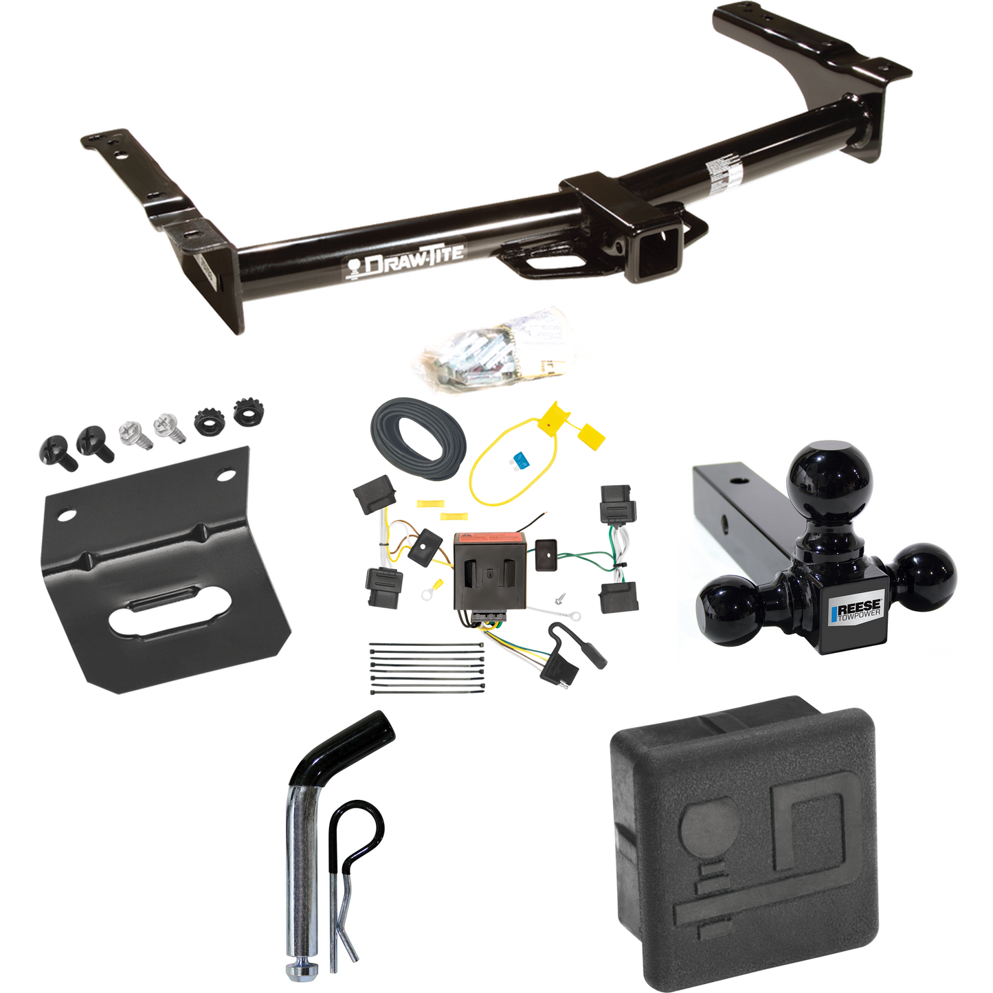 Fits 2009-2012 Ford E-250 Econoline Trailer Hitch Tow PKG w/ 4-Flat Wiring + Triple Ball Ball Mount 1-7/8" & 2" & 2-5/16" Trailer Balls + Pin/Clip + Wiring Bracket + Hitch Cover (For (Prepped Class II Tow Package) Models) By Draw-Tite