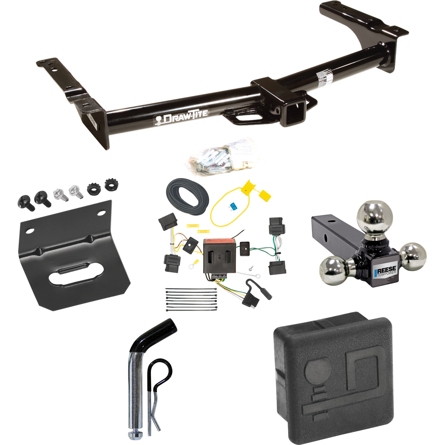 Fits 2009-2012 Ford E-150 Econoline Trailer Hitch Tow PKG w/ 4-Flat Wiring + Triple Ball Ball Mount 1-7/8" & 2" & 2-5/16" Trailer Balls + Pin/Clip + Wiring Bracket + Hitch Cover (For (Prepped Class II Tow Package) Models) By Draw-Tite