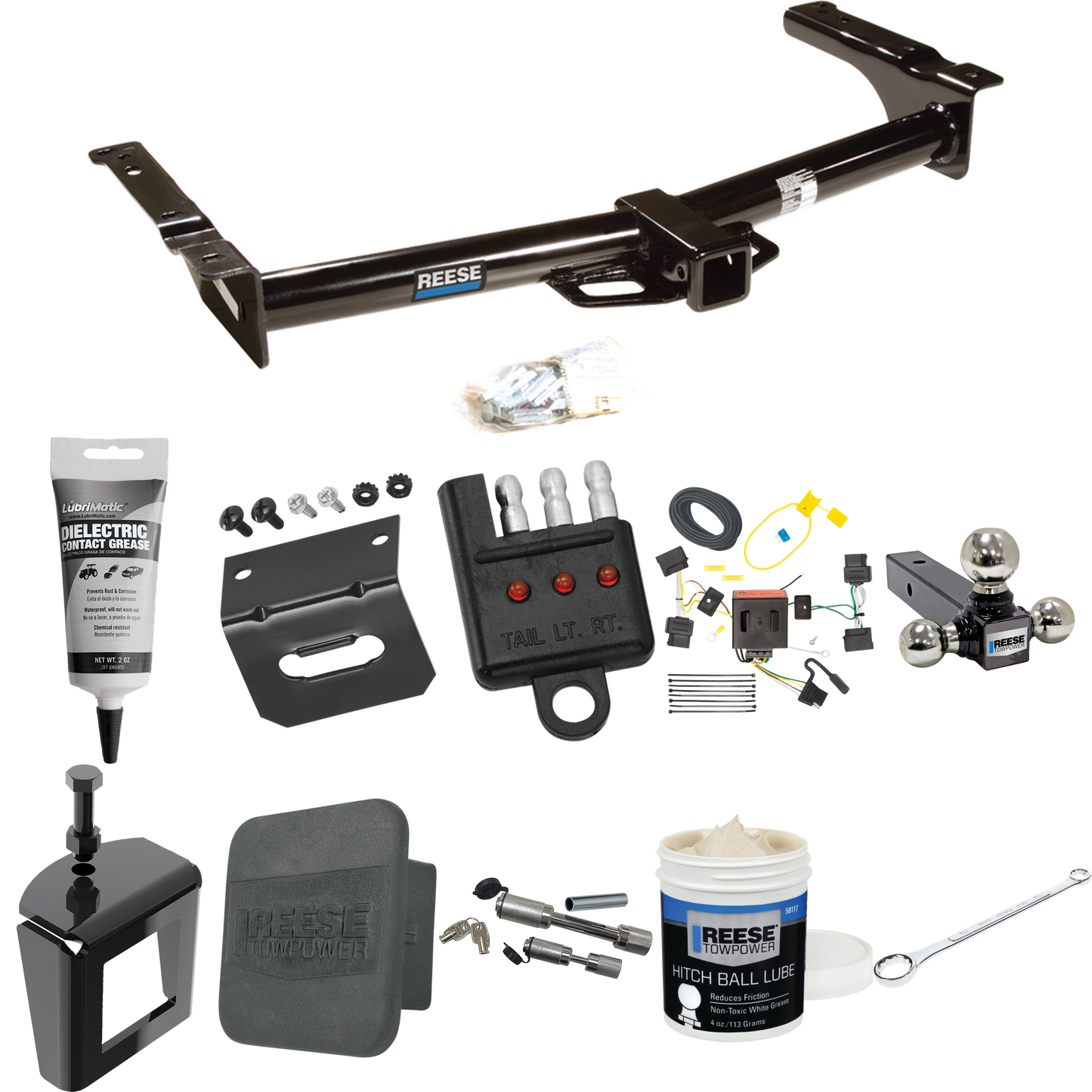 Fits 2008-2014 Ford E-150 Econoline Trailer Hitch Tow PKG w/ 4-Flat Wiring + Triple Ball Ball Mount 1-7/8" & 2" & 2-5/16" Trailer Balls + Wiring Bracket + Hitch Cover + Dual Hitch & Coupler Locks + Wiring Tester + Ball Lube + Electric Grease + Ball W