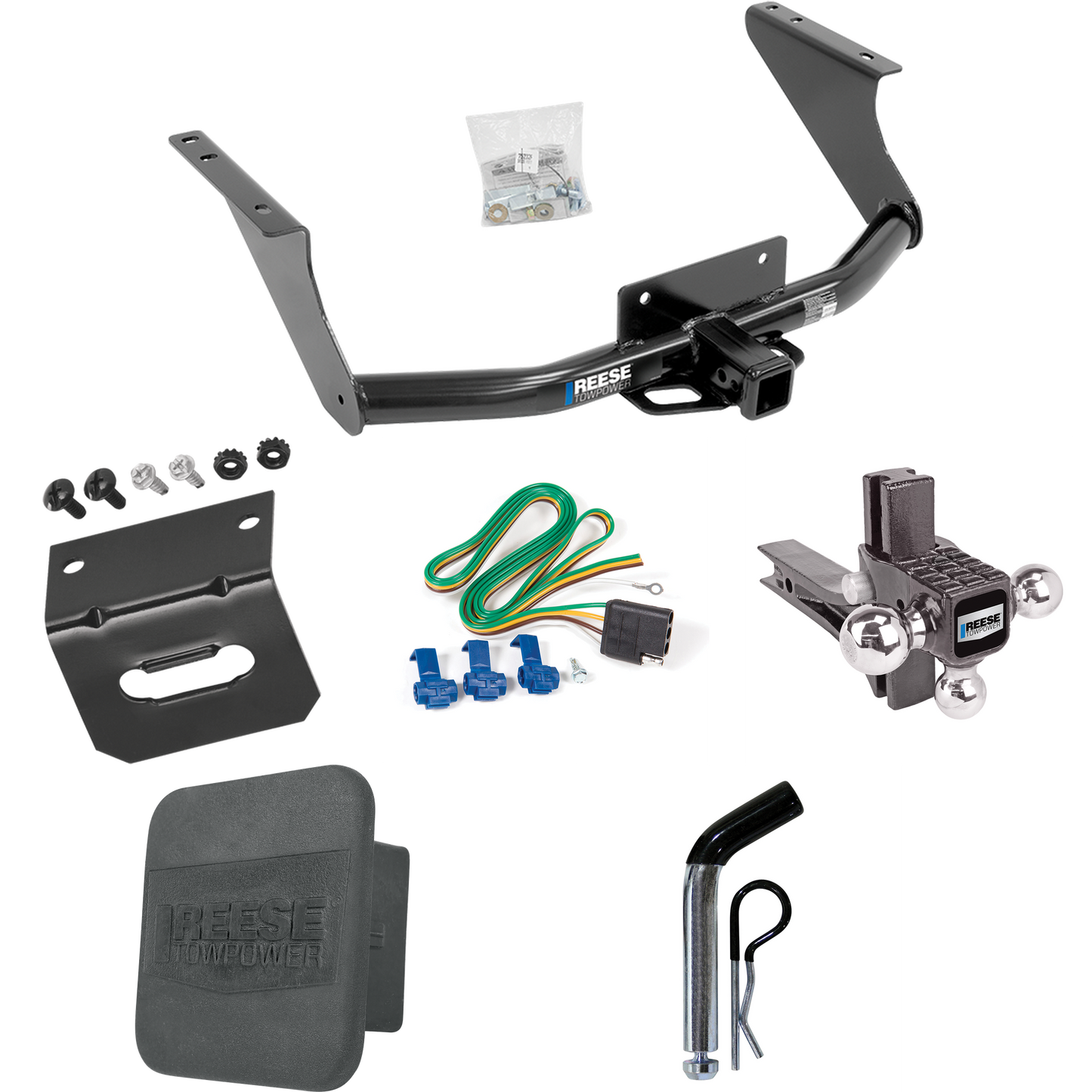 Fits 2011-2018 RAM 1500 Trailer Hitch Tow PKG w/ 4-Flat Wiring Harness + Adjustable Drop Rise Triple Ball Ball Mount 1-7/8" & 2" & 2-5/16" Trailer Balls + Pin/Clip + Hitch Cover + Wiring Bracket By Reese Towpower