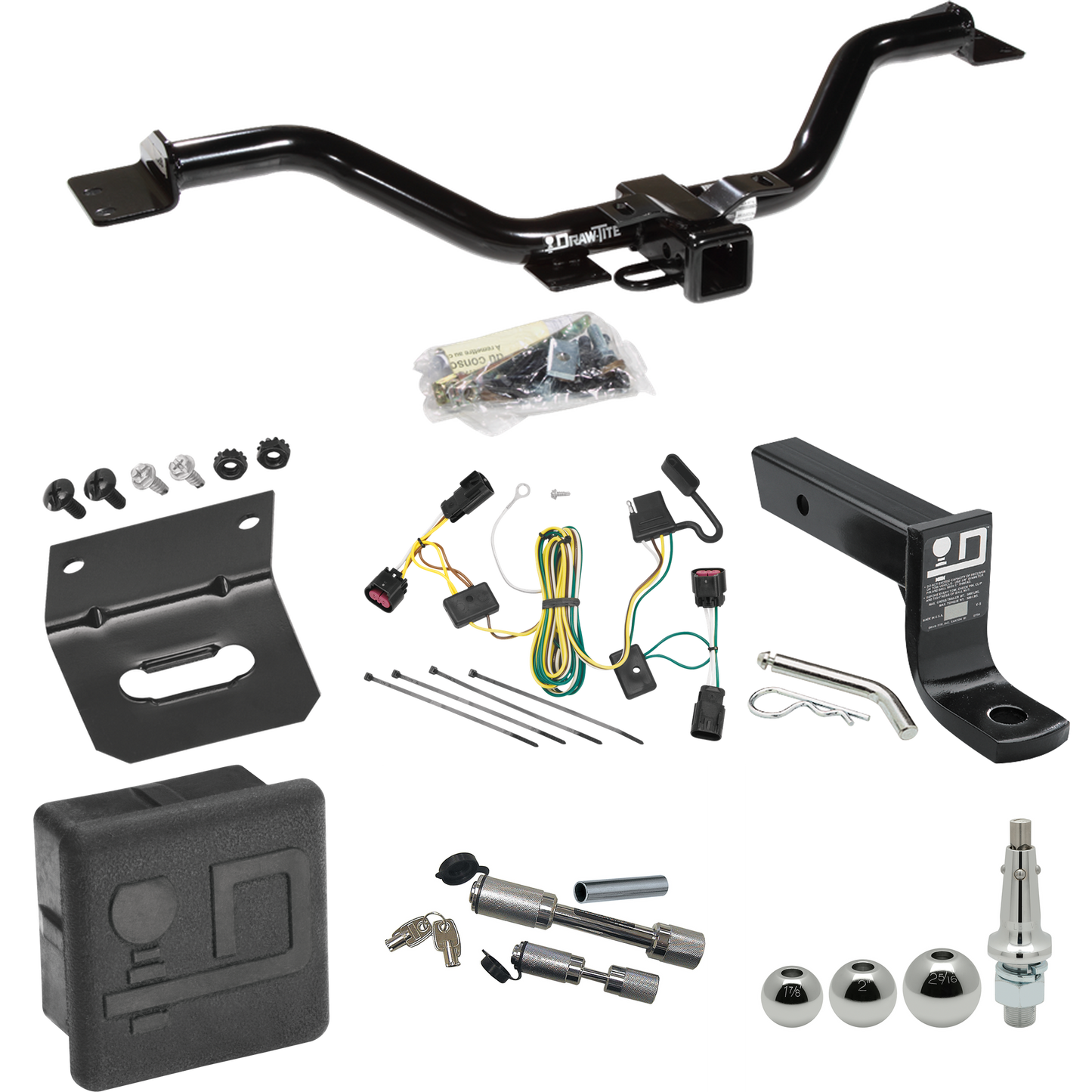 Fits 2009-2012 Chevrolet Traverse Trailer Hitch Tow PKG w/ 4-Flat Wiring + Ball Mount w/ 4" Drop + Interchangeable Ball 1-7/8" & 2" & 2-5/16" + Wiring Bracket + Dual Hitch & Coupler Locks + Hitch Cover By Draw-Tite