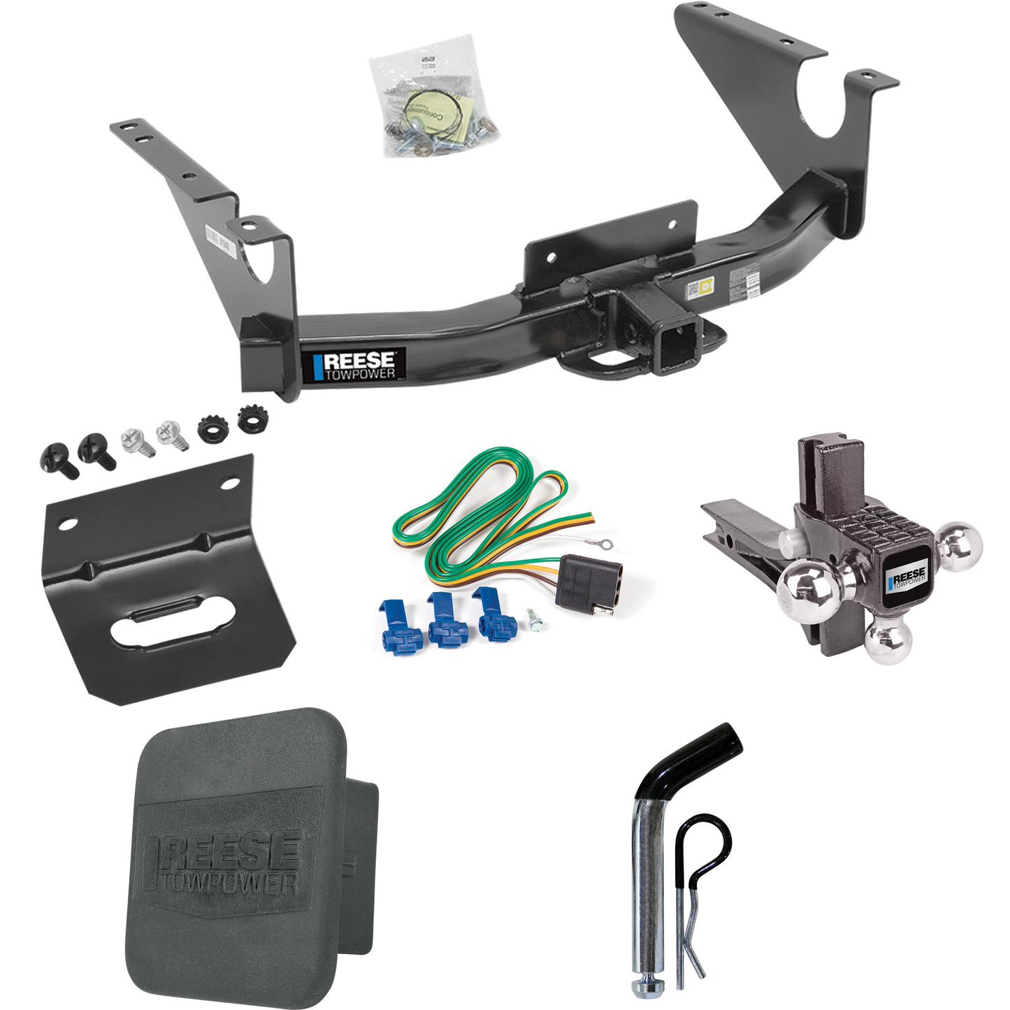 Fits 2011-2018 RAM 1500 Trailer Hitch Tow PKG w/ 4-Flat Wiring Harness + Adjustable Drop Rise Triple Ball Ball Mount 1-7/8" & 2" & 2-5/16" Trailer Balls + Pin/Clip + Hitch Cover + Wiring Bracket By Reese Towpower