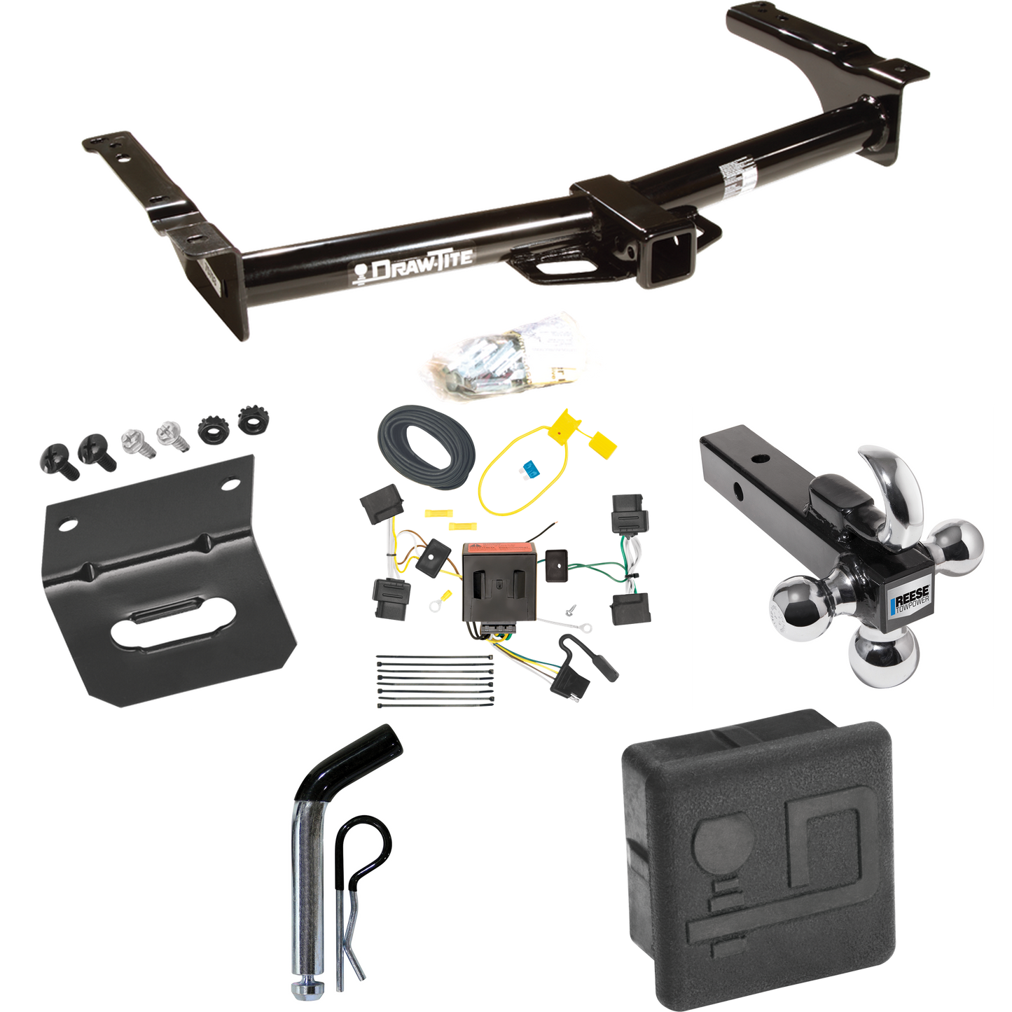 Fits 2009-2012 Ford E-250 Econoline Trailer Hitch Tow PKG w/ 4-Flat Wiring + Triple Ball Ball Mount 1-7/8" & 2" & 2-5/16" Trailer Balls w/ Tow Hook + Pin/Clip + Wiring Bracket + Hitch Cover (For (Prepped Class II Tow Package) Models) By Draw-Tite