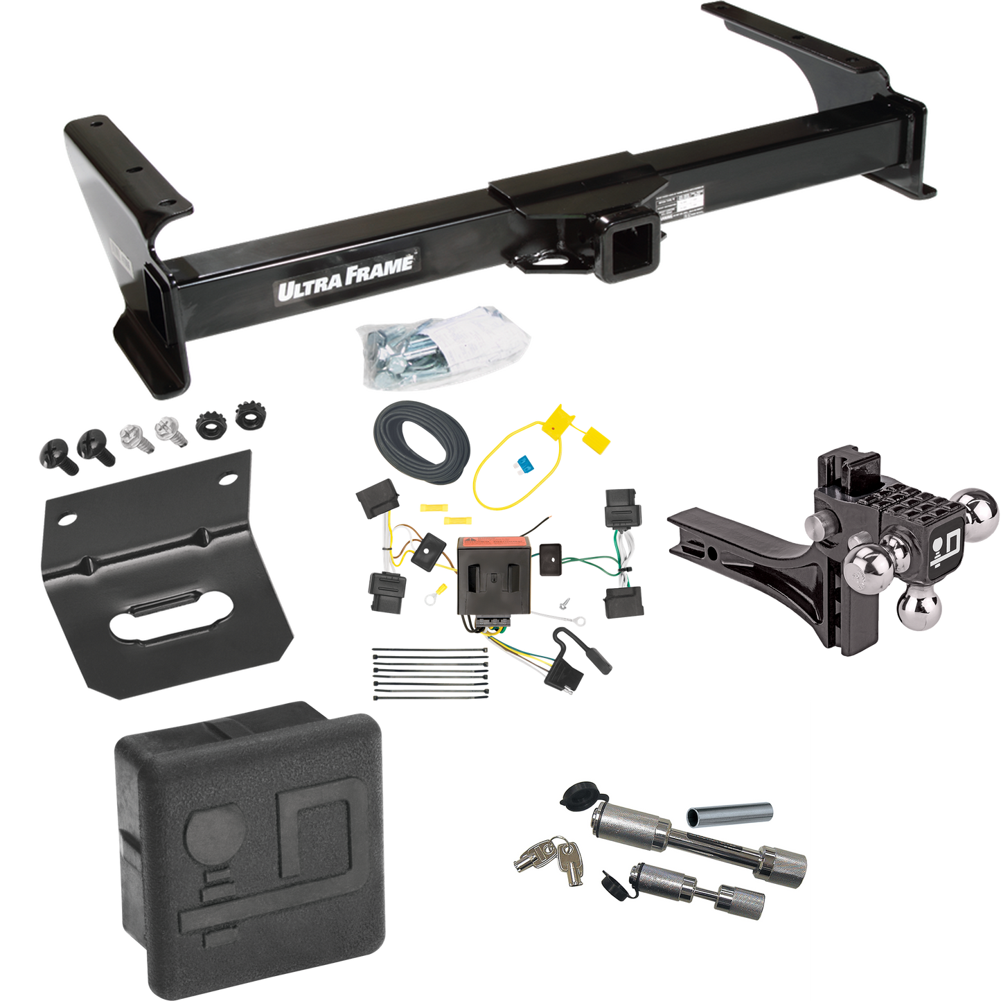 Fits 2008-2014 Ford E-350 Econoline Super Duty Trailer Hitch Tow PKG w/ 4-Flat Wiring Harness + Adjustable Drop Rise Triple Ball Ball Mount 1-7/8" & 2" & 2-5/16" Trailer Balls + Dual Hitch & Coupler Locks + Hitch Cover + Wiring Bracket By Draw-Tite