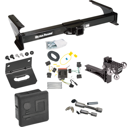 Fits 2008-2014 Ford E-350 Econoline Super Duty Trailer Hitch Tow PKG w/ 4-Flat Wiring Harness + Adjustable Drop Rise Triple Ball Ball Mount 1-7/8" & 2" & 2-5/16" Trailer Balls + Dual Hitch & Coupler Locks + Hitch Cover + Wiring Bracket By Draw-Tite