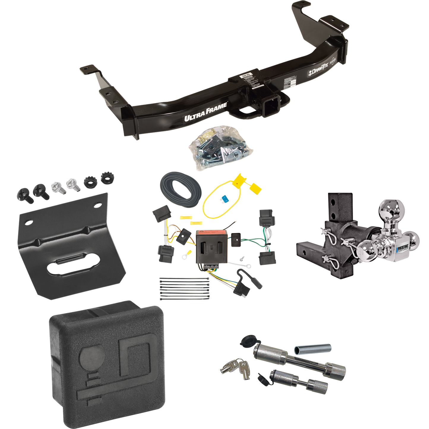 Fits 2008-2014 Ford E-350 Econoline Super Duty Trailer Hitch Tow PKG w/ 4-Flat Wiring Harness + Adjustable Drop Rise Triple Ball Ball Mount 1-7/8" & 2" & 2-5/16" Trailer Balls + Dual Hitch & Coupler Locks + Hitch Cover + Wiring Bracket By Draw-Tite