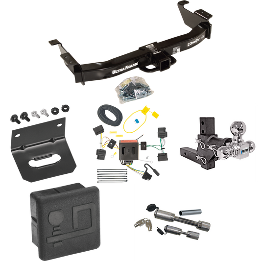 Fits 2008-2014 Ford E-350 Econoline Super Duty Trailer Hitch Tow PKG w/ 4-Flat Wiring Harness + Adjustable Drop Rise Triple Ball Ball Mount 1-7/8" & 2" & 2-5/16" Trailer Balls + Dual Hitch & Coupler Locks + Hitch Cover + Wiring Bracket By Draw-Tite