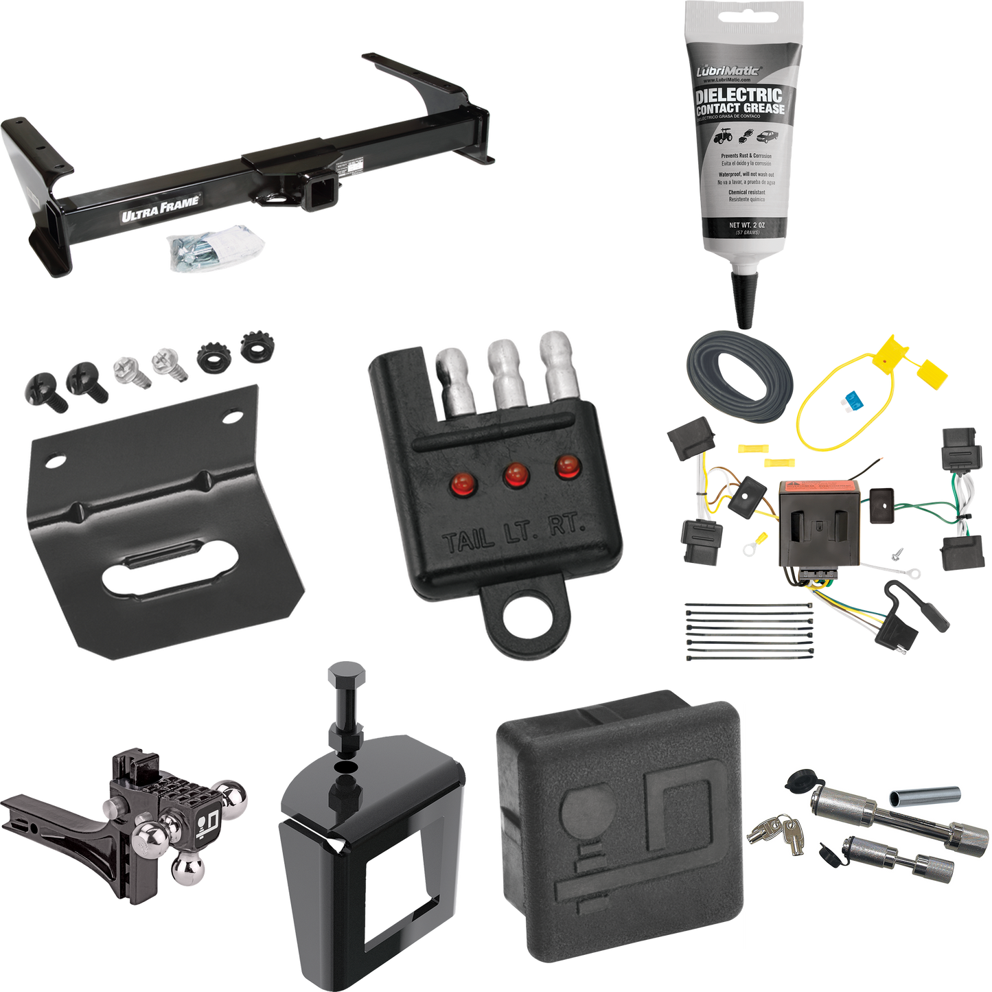 Fits 2009-2012 Ford E-350 Econoline Super Duty Trailer Hitch Tow PKG w/ 4-Flat Wiring Harness + Adjustable Drop Rise Triple Ball Ball Mount 1-7/8" & 2" & 2-5/16" Trailer Balls + Dual Hitch & Coupler Locks + Hitch Cover + Wiring Bracket + Wiring Teste