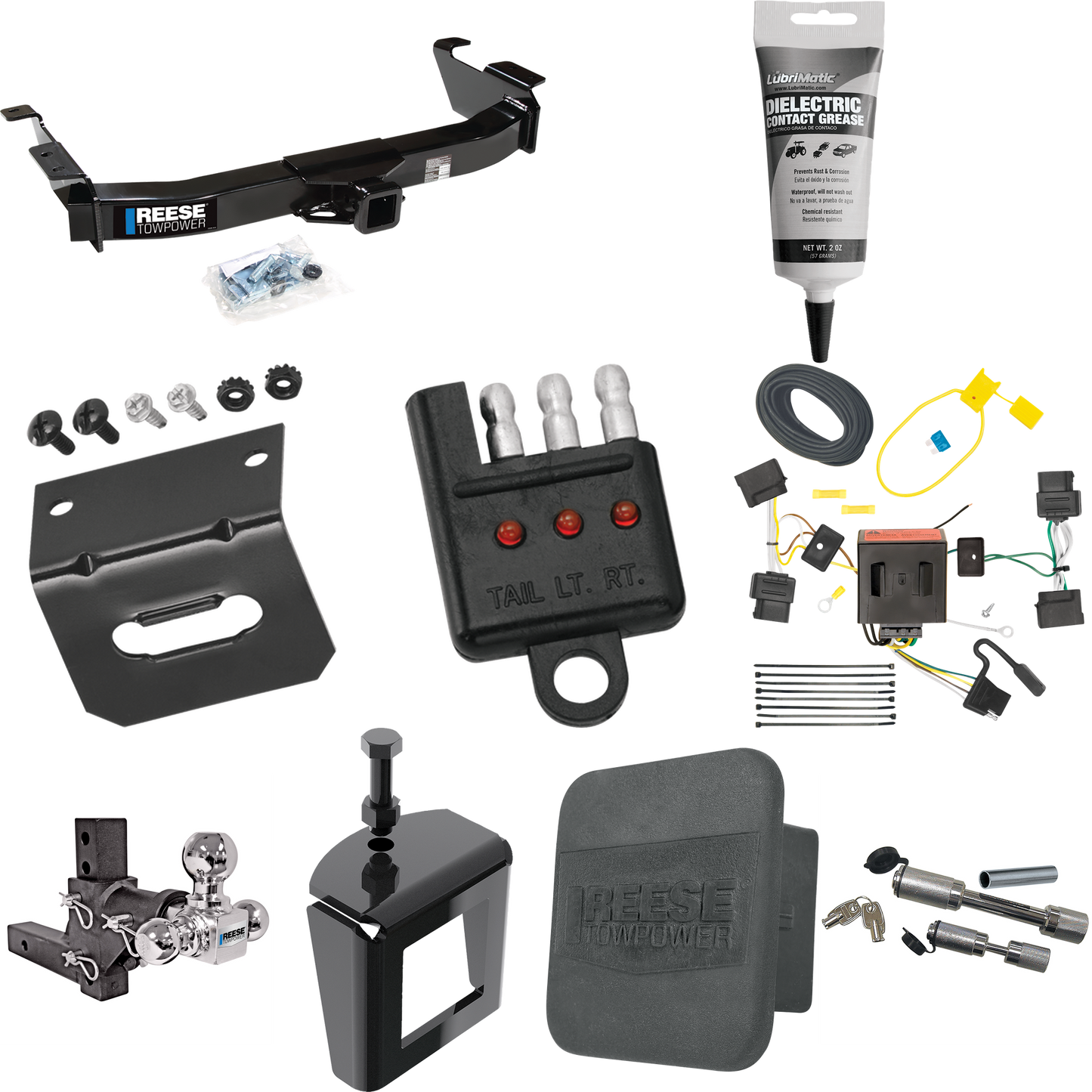 Fits 2008-2014 Ford E-350 Econoline Super Duty Trailer Hitch Tow PKG w/ 4-Flat Wiring Harness + Adjustable Drop Rise Triple Ball Ball Mount 1-7/8" & 2" & 2-5/16" Trailer Balls + Dual Hitch & Coupler Locks + Hitch Cover + Wiring Bracket + Wiring Teste