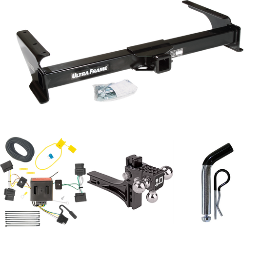 Fits 2008-2014 Ford E-250 Econoline Trailer Hitch Tow PKG w/ 4-Flat Wiring Harness + Adjustable Drop Rise Triple Ball Ball Mount 1-7/8" & 2" & 2-5/16" Trailer Balls + Pin/Clip By Draw-Tite