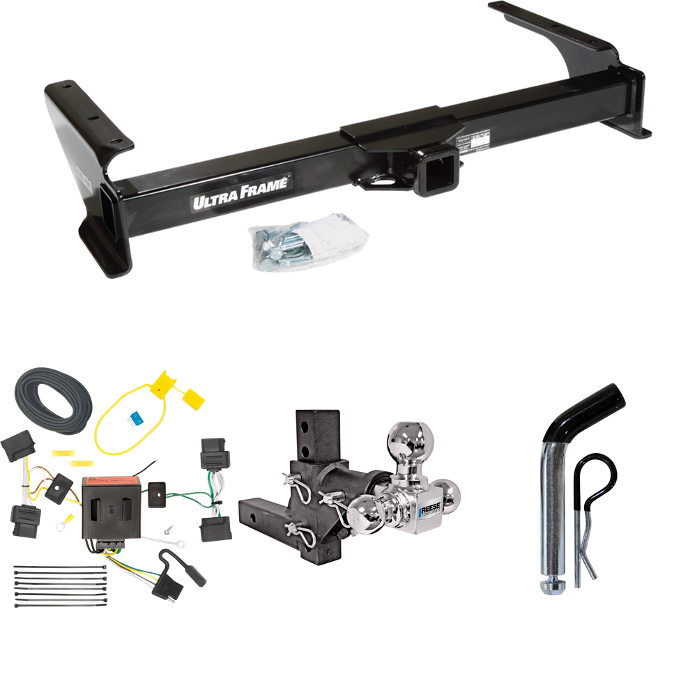 Fits 2009-2012 Ford E-150 Econoline Trailer Hitch Tow PKG w/ 4-Flat Wiring Harness + Adjustable Drop Rise Triple Ball Ball Mount 1-7/8" & 2" & 2-5/16" Trailer Balls + Pin/Clip (For (Prepped Class II Tow Package) Models) By Draw-Tite