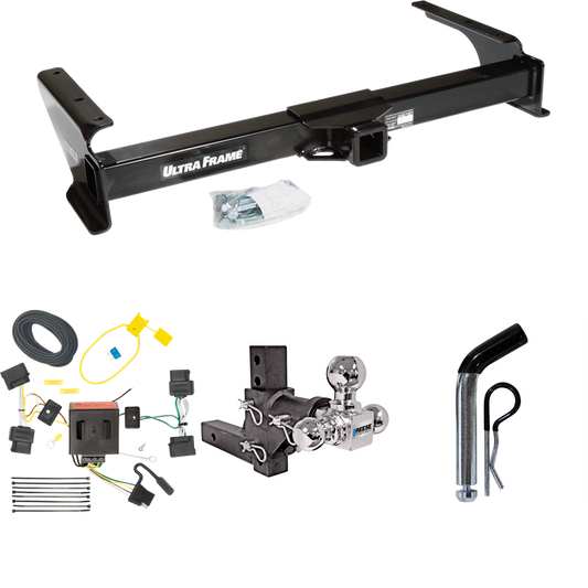 Fits 2009-2012 Ford E-150 Econoline Trailer Hitch Tow PKG w/ 4-Flat Wiring Harness + Adjustable Drop Rise Triple Ball Ball Mount 1-7/8" & 2" & 2-5/16" Trailer Balls + Pin/Clip (For (Prepped Class II Tow Package) Models) By Draw-Tite