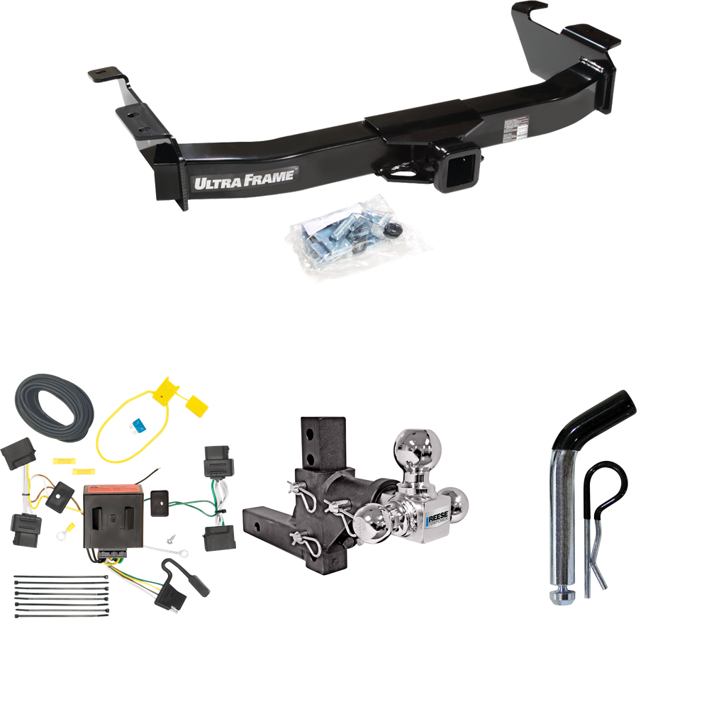 Fits 2008-2014 Ford E-150 Econoline Trailer Hitch Tow PKG w/ 4-Flat Wiring Harness + Adjustable Drop Rise Triple Ball Ball Mount 1-7/8" & 2" & 2-5/16" Trailer Balls + Pin/Clip By Draw-Tite