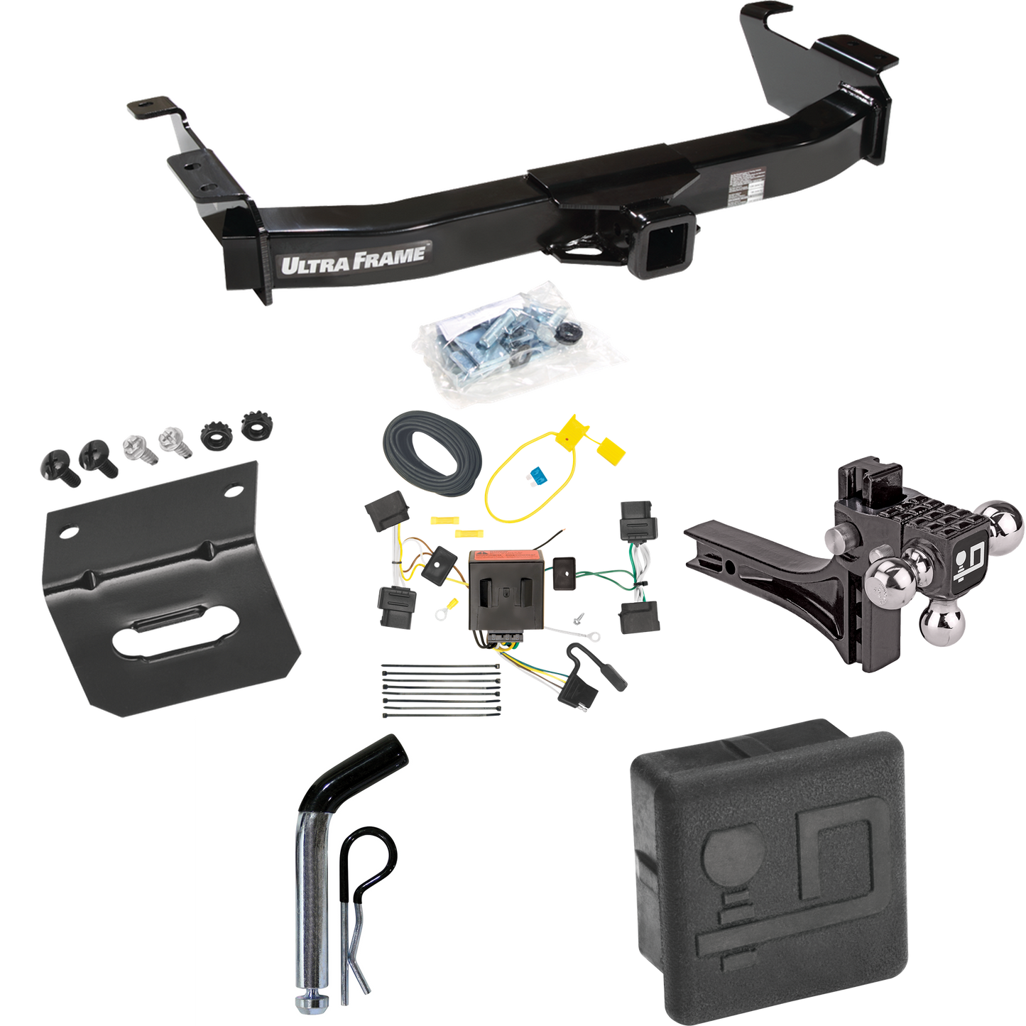 Fits 2009-2012 Ford E-250 Econoline Trailer Hitch Tow PKG w/ 4-Flat Wiring Harness + Adjustable Drop Rise Triple Ball Ball Mount 1-7/8" & 2" & 2-5/16" Trailer Balls + Pin/Clip + Hitch Cover + Wiring Bracket (For (Prepped Class II Tow Package) Models)