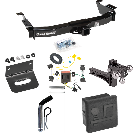 Fits 2009-2012 Ford E-250 Econoline Trailer Hitch Tow PKG w/ 4-Flat Wiring Harness + Adjustable Drop Rise Triple Ball Ball Mount 1-7/8" & 2" & 2-5/16" Trailer Balls + Pin/Clip + Hitch Cover + Wiring Bracket (For (Prepped Class II Tow Package) Models)