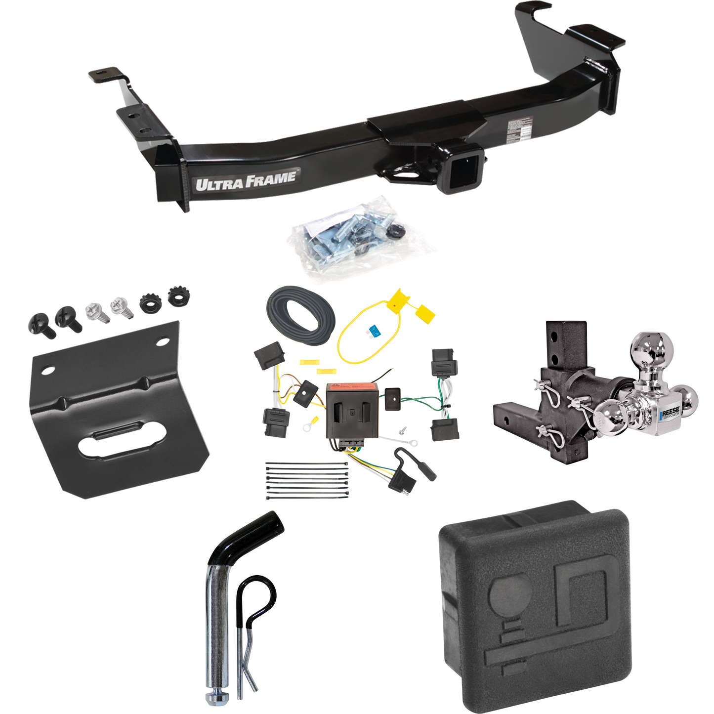 Fits 2008-2014 Ford E-250 Econoline Trailer Hitch Tow PKG w/ 4-Flat Wiring Harness + Adjustable Drop Rise Triple Ball Ball Mount 1-7/8" & 2" & 2-5/16" Trailer Balls + Pin/Clip + Hitch Cover + Wiring Bracket By Draw-Tite