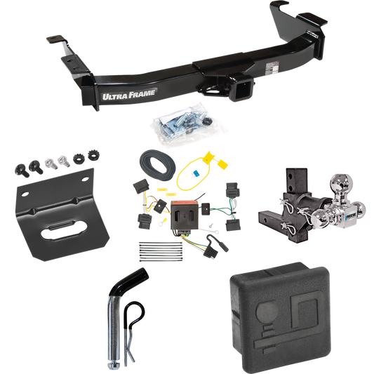 Fits 2008-2014 Ford E-250 Econoline Trailer Hitch Tow PKG w/ 4-Flat Wiring Harness + Adjustable Drop Rise Triple Ball Ball Mount 1-7/8" & 2" & 2-5/16" Trailer Balls + Pin/Clip + Hitch Cover + Wiring Bracket By Draw-Tite