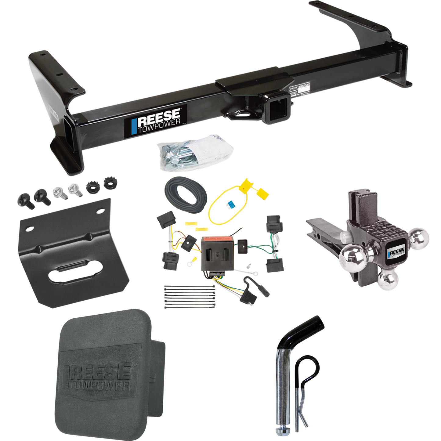 Fits 2009-2012 Ford E-250 Econoline Trailer Hitch Tow PKG w/ 4-Flat Wiring Harness + Adjustable Drop Rise Triple Ball Ball Mount 1-7/8" & 2" & 2-5/16" Trailer Balls + Pin/Clip + Hitch Cover + Wiring Bracket (For (Prepped Class II Tow Package) Models)