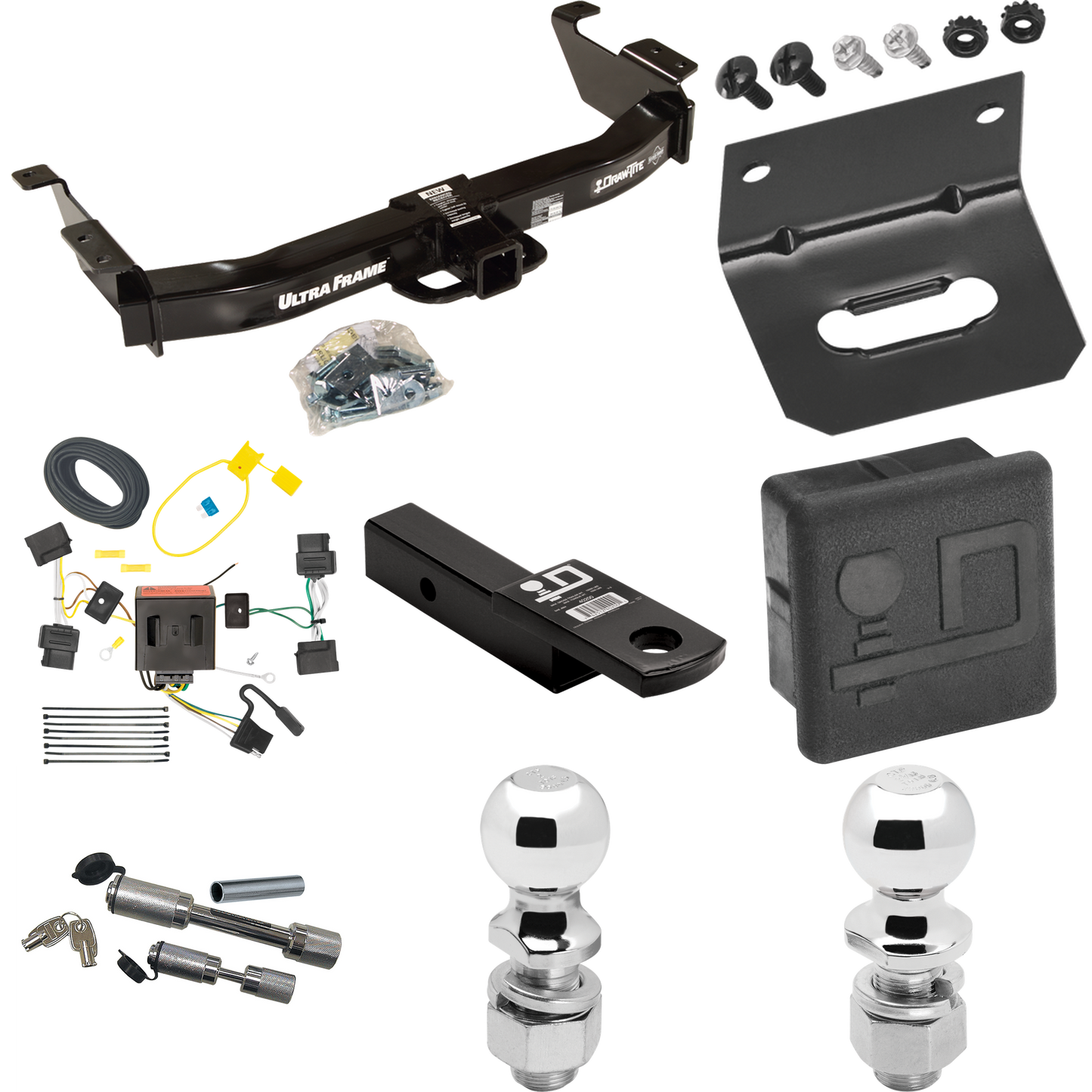 Fits 2008-2014 Ford E-250 Econoline Trailer Hitch Tow PKG w/ 4-Flat Wiring Harness + Ball Mount w/ 2" Drop + Dual Hitch & Coupler Locks + 2" Ball + 2-5/16" Ball + Hitch Cover + Wiring Bracket By Draw-Tite