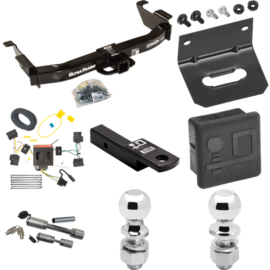 Fits 2008-2014 Ford E-250 Econoline Trailer Hitch Tow PKG w/ 4-Flat Wiring Harness + Ball Mount w/ 2" Drop + Dual Hitch & Coupler Locks + 2" Ball + 2-5/16" Ball + Hitch Cover + Wiring Bracket By Draw-Tite