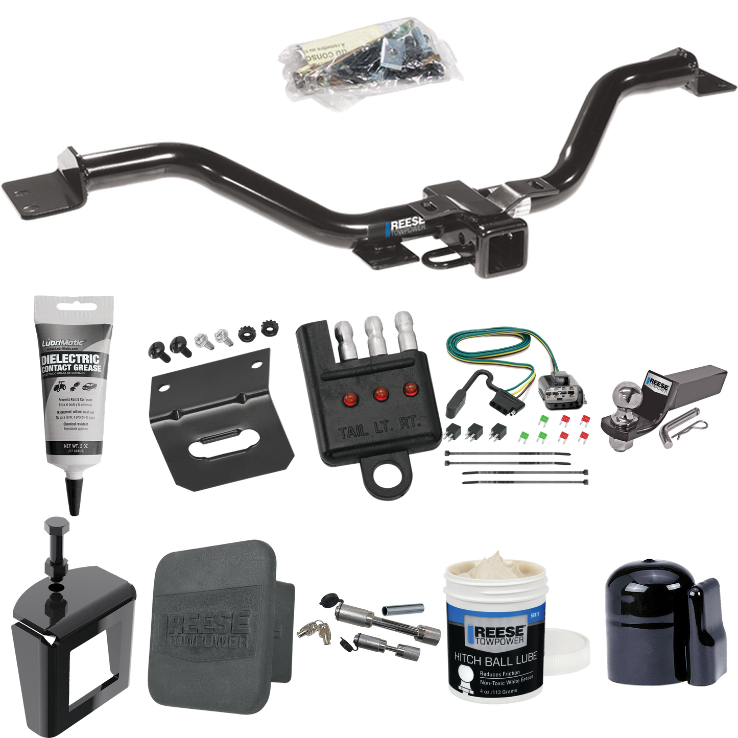 Fits 2013-2016 GMC Acadia Trailer Hitch Tow PKG w/ 4-Flat Wiring + Starter Kit Ball Mount w/ 2" Drop & 2" Ball + 1-7/8" Ball + Wiring Bracket + Dual Hitch & Coupler Locks + Hitch Cover + Wiring Tester + Ball Lube + Electric Grease + Ball Wrench + Ant